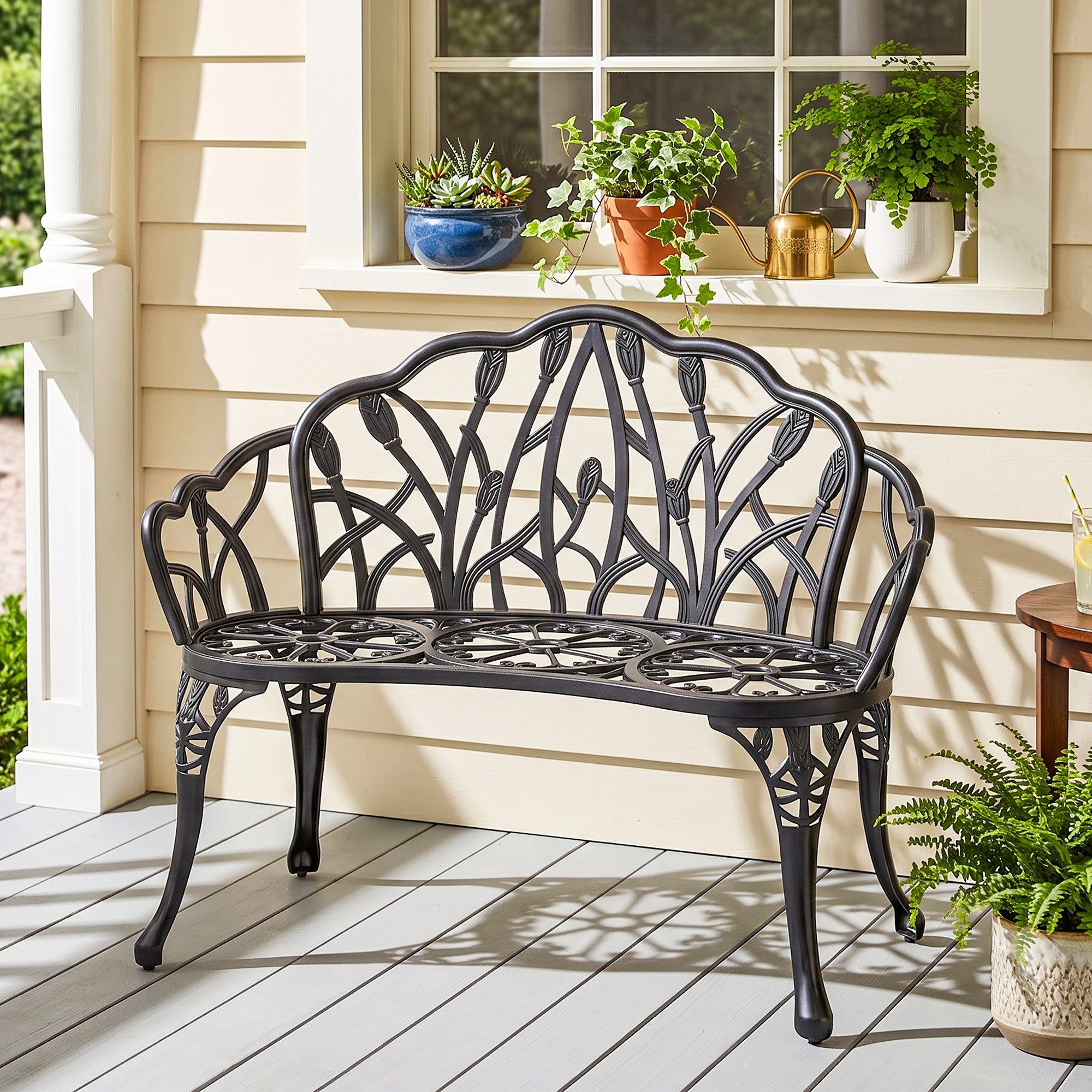 Outsunny Gartenbank 2-Sitzer Parkbank aus Gussaluminium wetterfest bis 240kg (Balkonbank, 1-St., Sitzbank), für Garten Park 99 x 57 x 78 cm