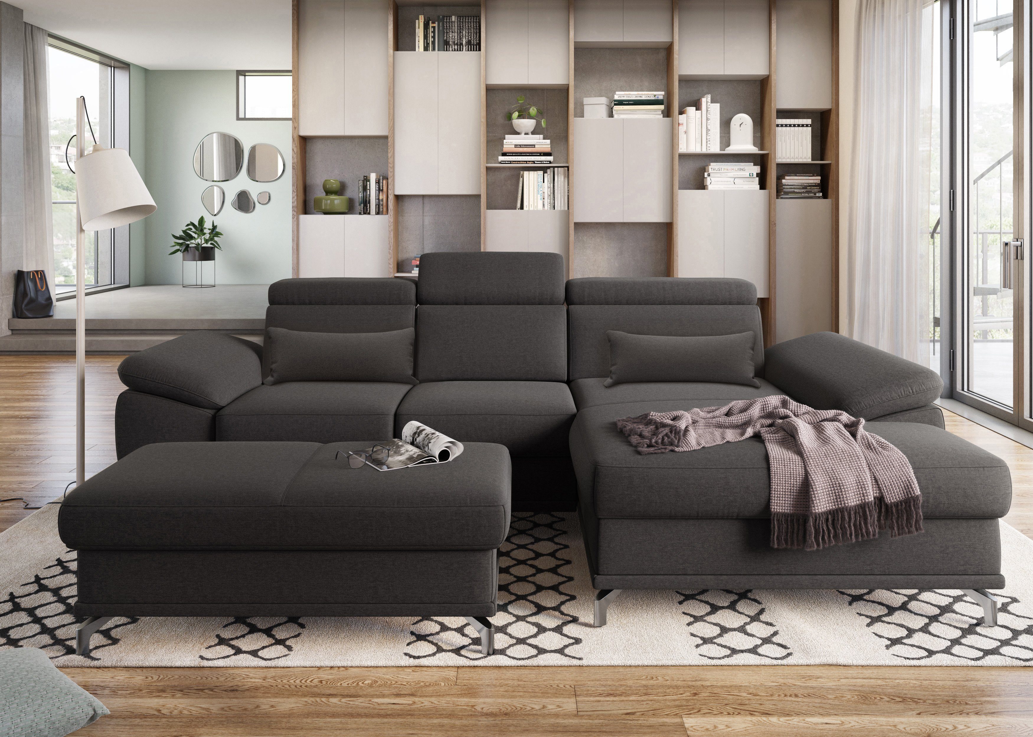 sit&more Ecksofa Cabrio L-Form, B: 295 cm, mit Sitztiefen-, Arm- & Kopfteilverstellung, 2 Nierenkissen, Federkern, optional Bettfunktion und Stauraum