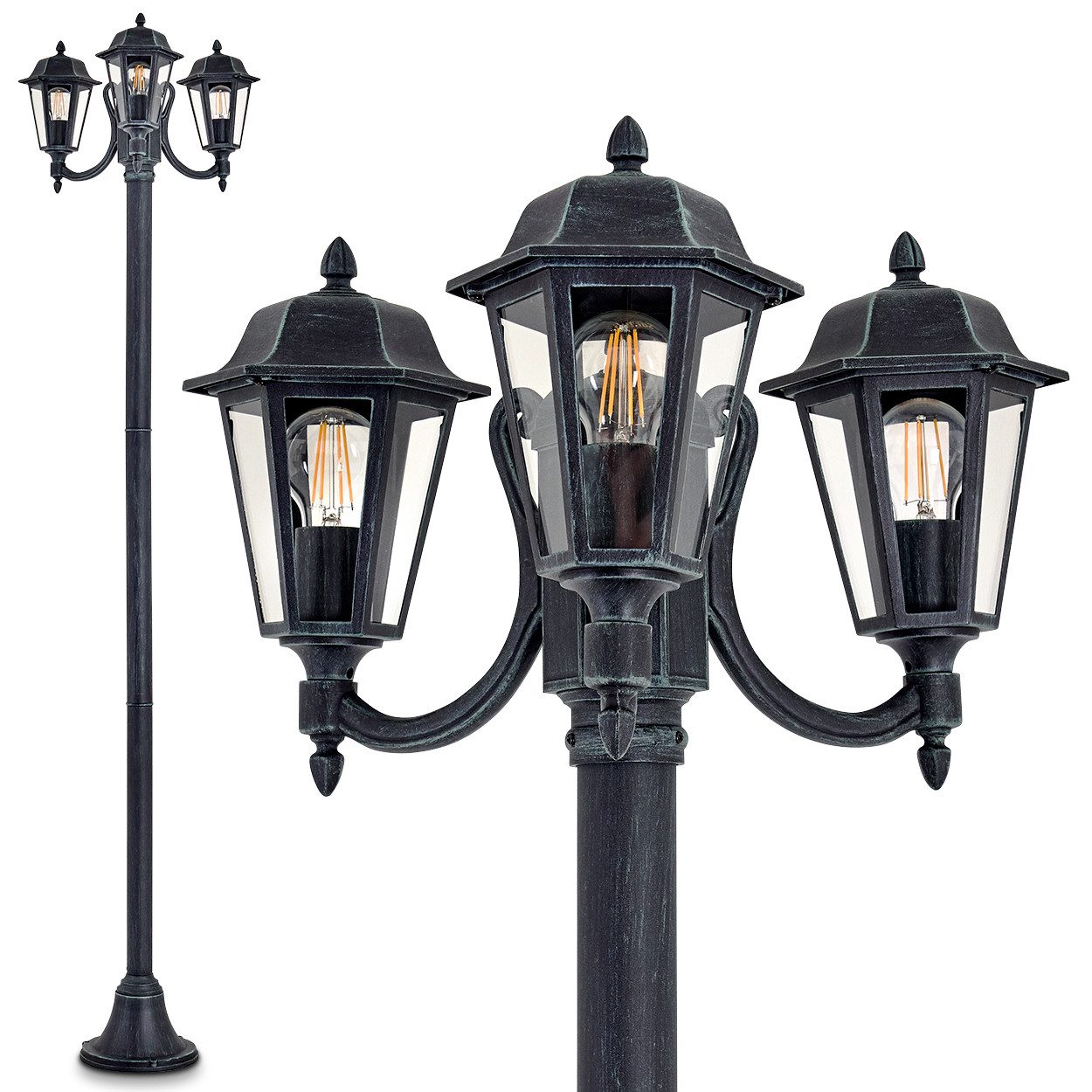 hofstein Außen-Stehlampe »Parco« Außenleuchte Kandelaber in antikem Look, ohne Leuchtmittel, Aluguss in Schwarz/Grün mit Milchglas-Scheiben, E27, IP44