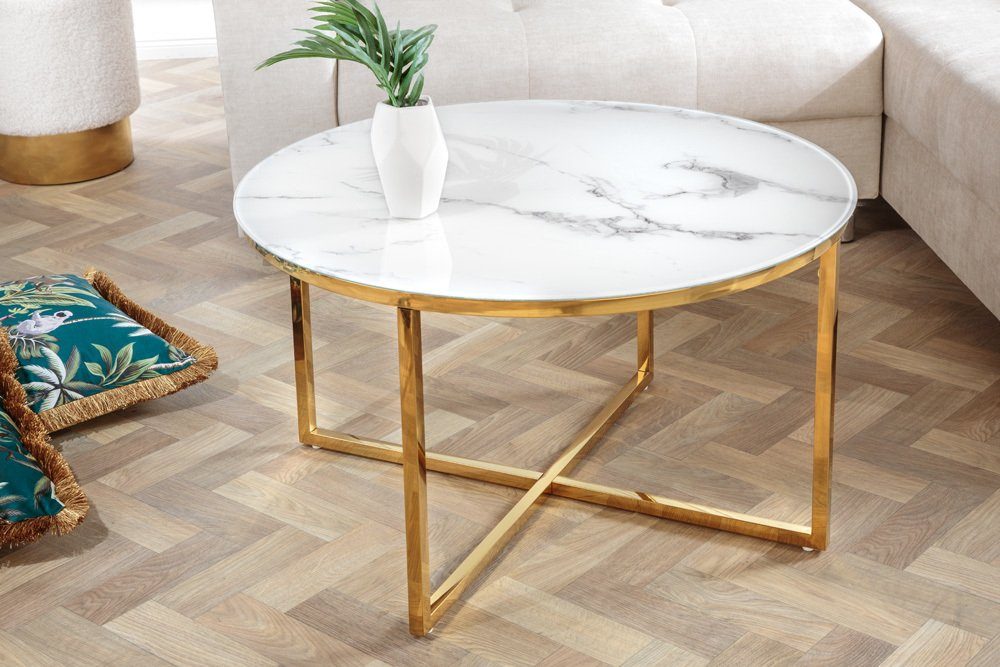 riess-ambiente Couchtisch BOUTIQUE Modern / · · gold weiß (1-St), Wohnzimmer 80cm | Design weiß · gold Marmor-Optik Metall · Glas