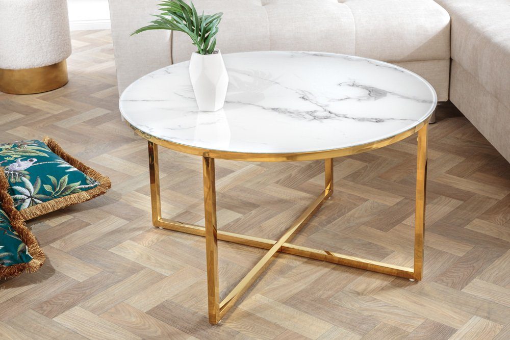 riess-ambiente Couchtisch BOUTIQUE 80cm weiß · gold / Design | · · weiß (1-St), Marmor-Optik Wohnzimmer Modern gold Metall Glas ·