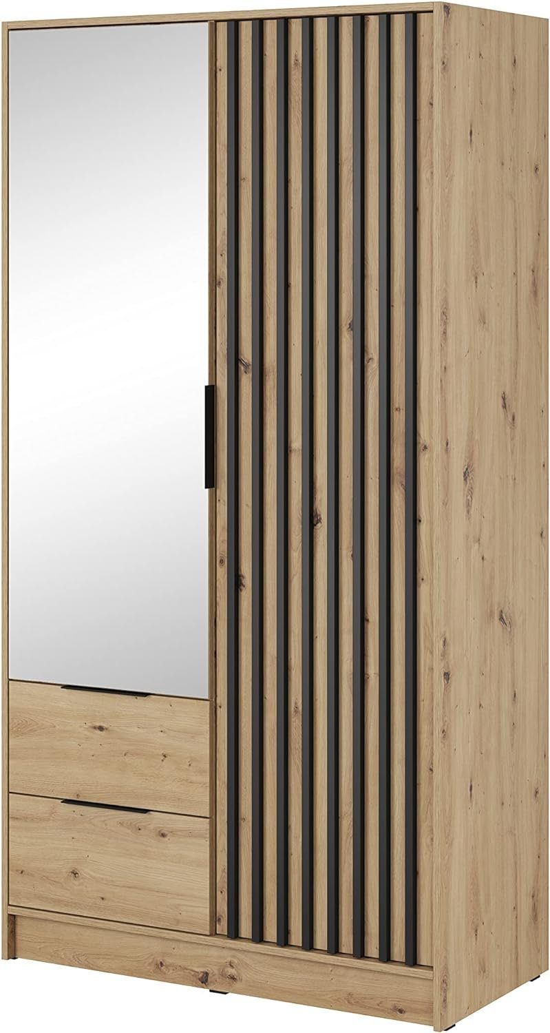 MOEBLO Kleiderschrank JOHN (Latten aus Holz, Loft Stil IndustrieSchrank Aufbewahrungsschrank (Spannstange) mit Regalböden, Schlafzimmerschrank mit 2/3/4 drehbaren Türen, 2 Schubladen) Artisan