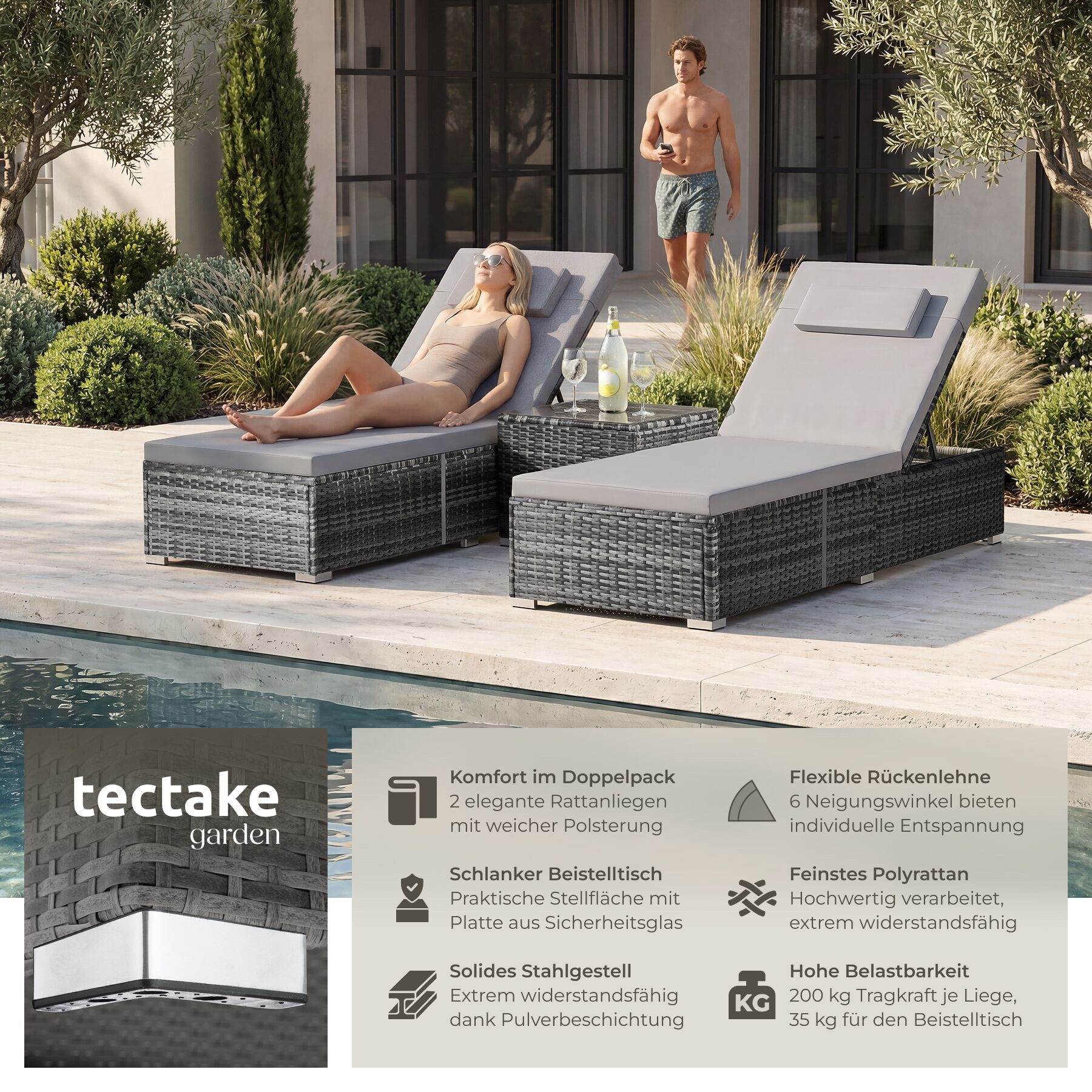 tectake Gartenliege Rattan-Doppelliege mit Tisch, mit abnehmbaren Kopfpolstern, Sonnenliege Carbonera, 1 St., in grau, wetterfest und UV-beständig, Belastbarkeit je 200 kg, verstellbar