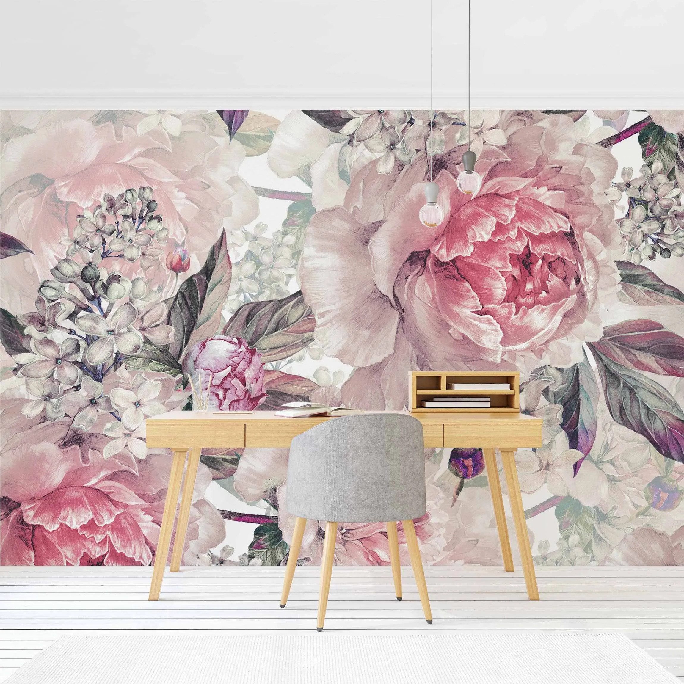 Bilderdepot24 Mustertapete Muster Zartes Aquarell Pfingstrosen Muster Blumen Pastell Wanddeko, Glatt, Matt, (Vliestapete inkl. Kleister oder selbstklebend), Wohnzimmer Schlafzimmer Küche Flur gemusterte Vliestapete Wandtapete