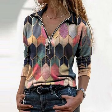 FIDDY Carmenbluse Top Blusenhülse Reißverschluss Frauen lang lässiger Druck T-Shirt