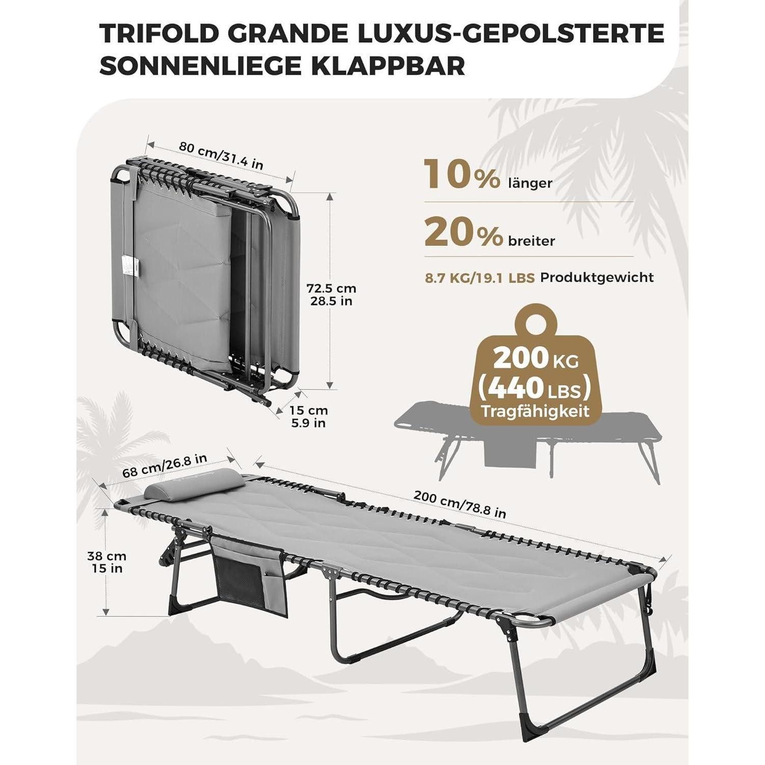 LuxusKollektion Campingliege Übergroße Sonnenliege klappbar 5-fach verstellbar Gartenliege