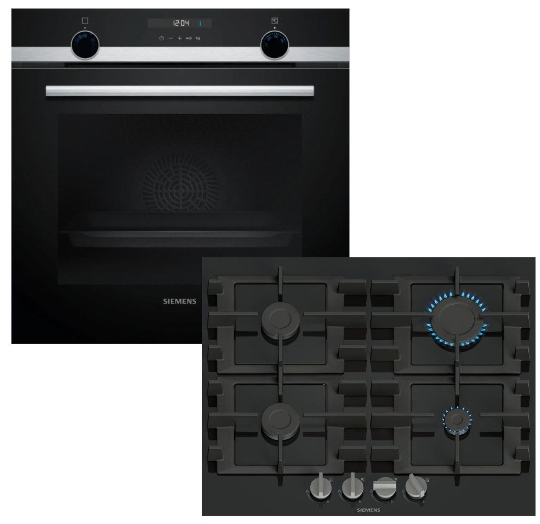 SIEMENS Backofen-Set Backofen 3D Heißluft Hydrolyse Pizzastufe + Gaskochfeld Zündsicherung, mit 1-fach Teilauszug, Hydrolyse