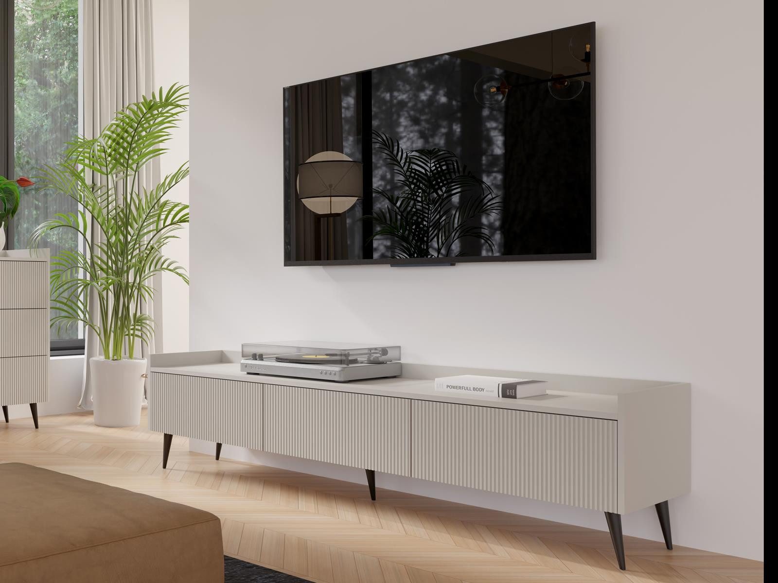 Compleo TV-Schrank dreitürig, Japandi design, Lamellenoptik günstig online kaufen