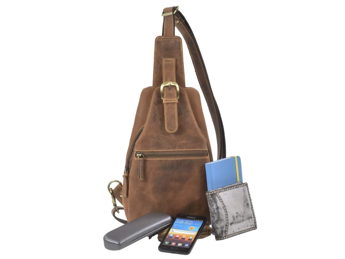 Greenburry Umhängetasche "Vintage" Leder, Crossbag, Eingurtrucksack 20x40cm, antik Look, Crossbody Bag