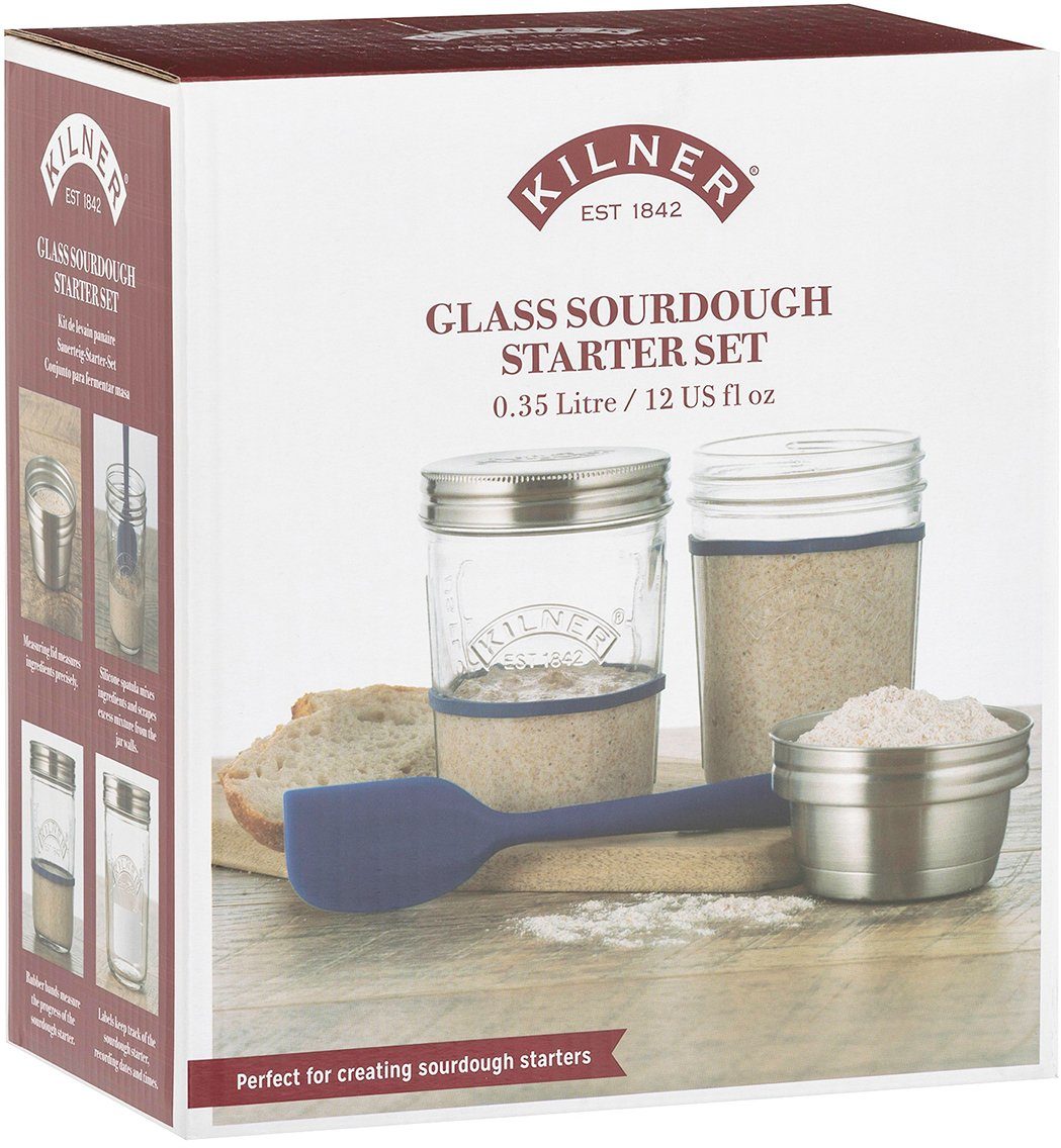 KILNER Teig Shaker, Glas, (Set, 4-tlg), Sauerteig-Herstellungs-Set, auch f. Pfannkuchen, Naan-Brote, Pizza, ..