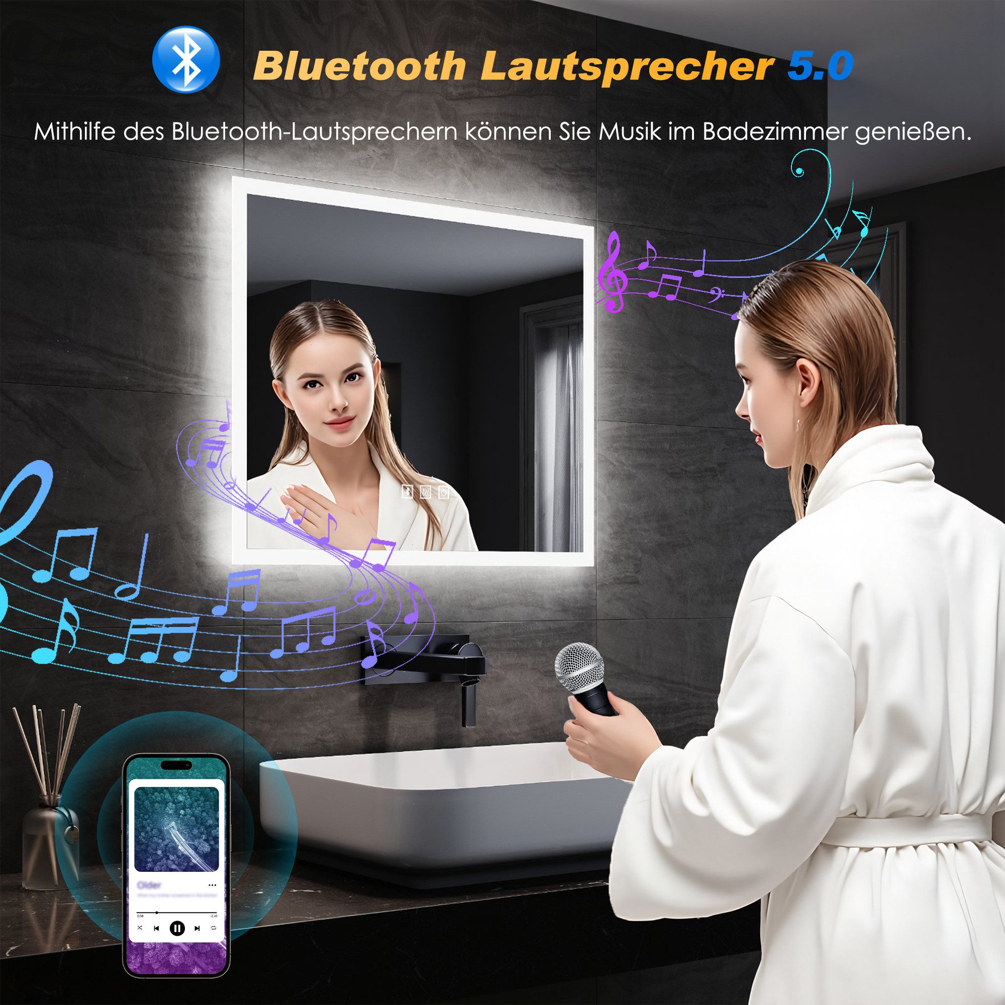 SONNI Badspiegel Badezimmerspiegel mit Beleuchtung, mit Bluetooth Lautsprec günstig online kaufen