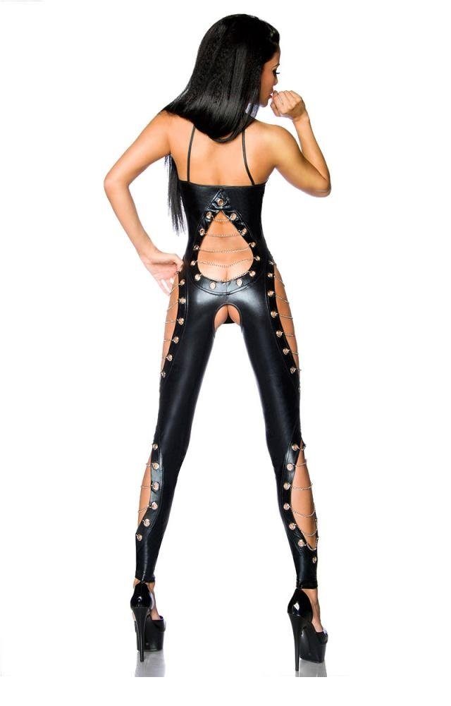 (1-tlg) Catsuit schwarz Latexlook Saresia Metallkettchen Catsuit mit