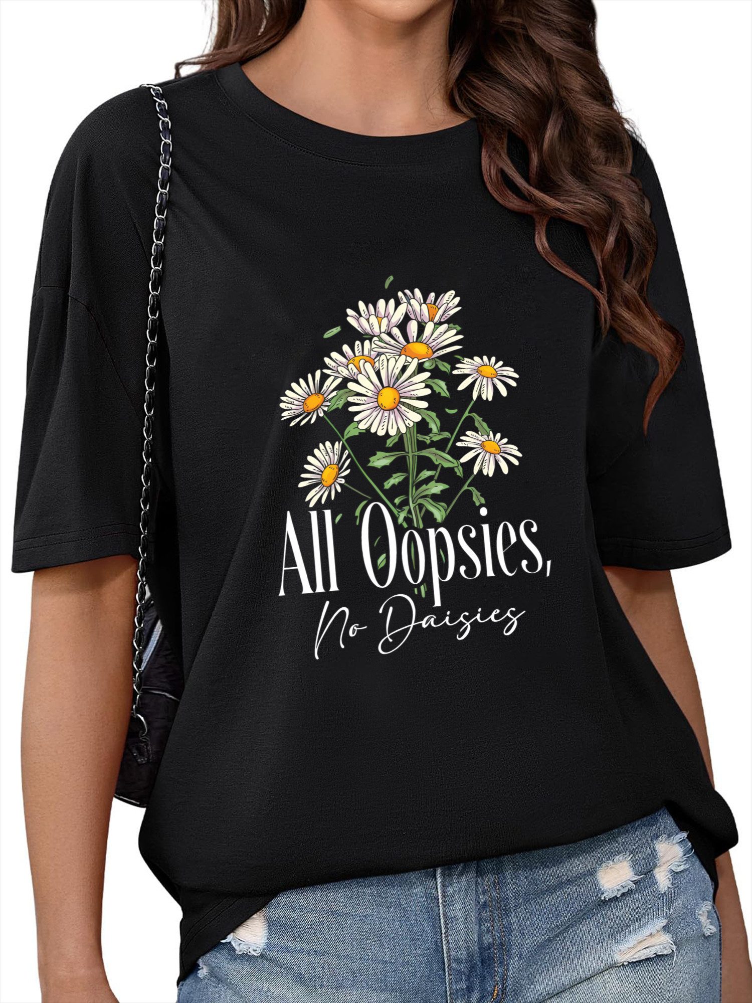 PYLIKE Kurzarmbluse Damen Casual Bequemes T-Shirt mit Gänseblümchen Print Tee Bequem für Freizeit und Büro,Strandurlaub