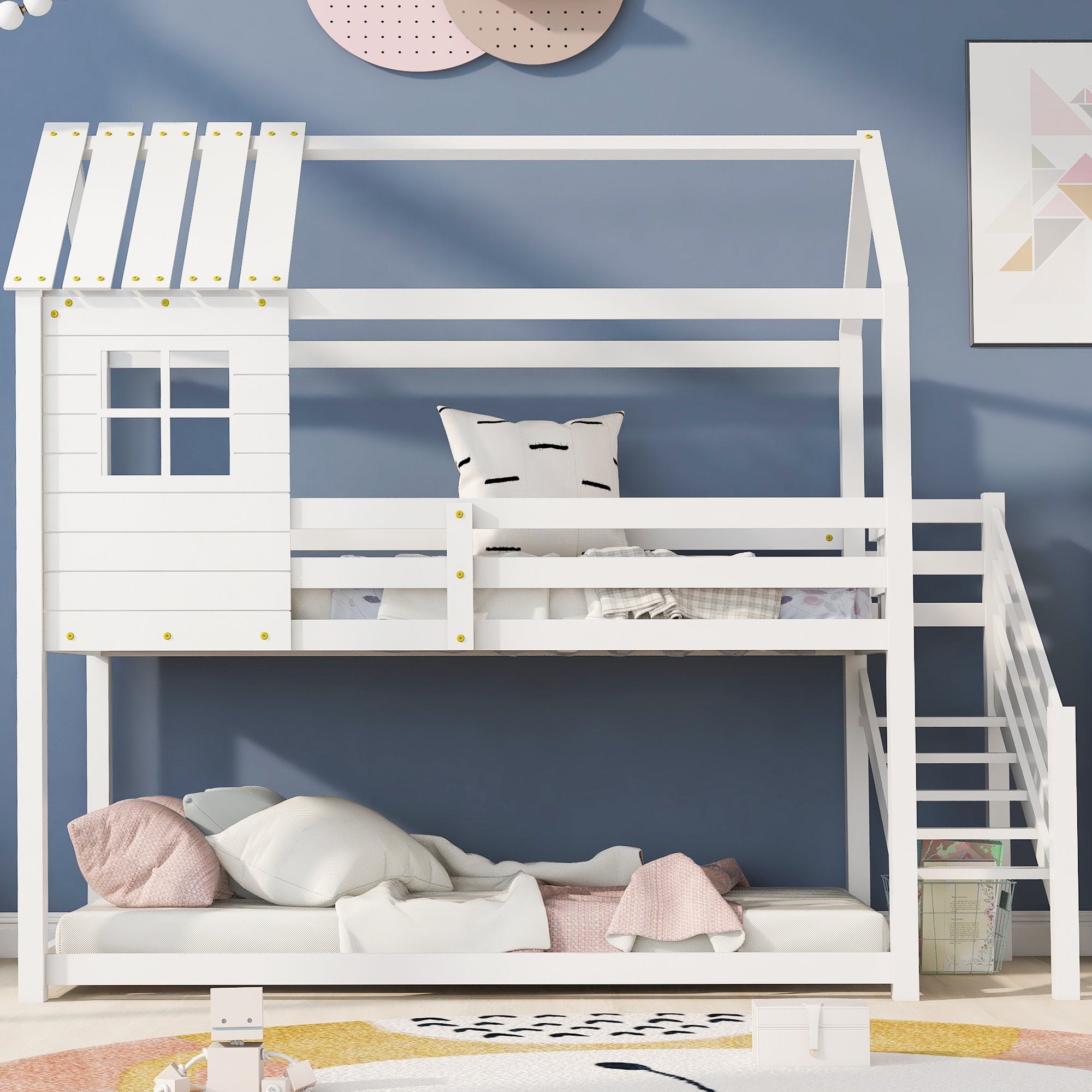 Etagenbett (Hochbett Hausbett Spielbett mit Treppe, Fallschutz und Lattenrost), Kinderbett Stockbett 90x200 cm, Kiefer, Ohne Matratze, Weiß