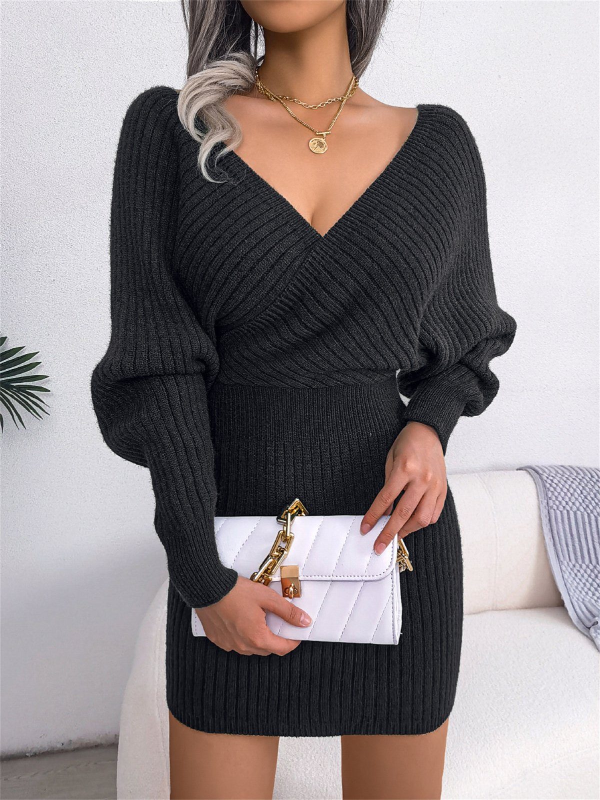carefully selected Strickkleid Sexy Damen-Tunika-Pulloverkleid mit V-Ausschnitt und Jersey schwarz