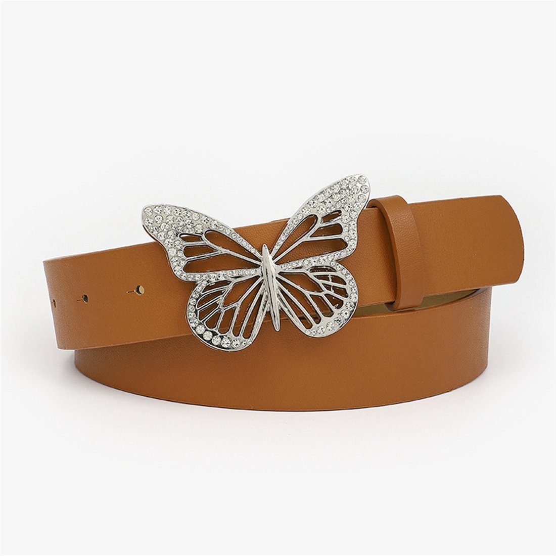 LYDMN Ledergürtel Damen Strassgürtel mit Schmetterlingsschnalle, Mode Gürtel Zubehör Braun