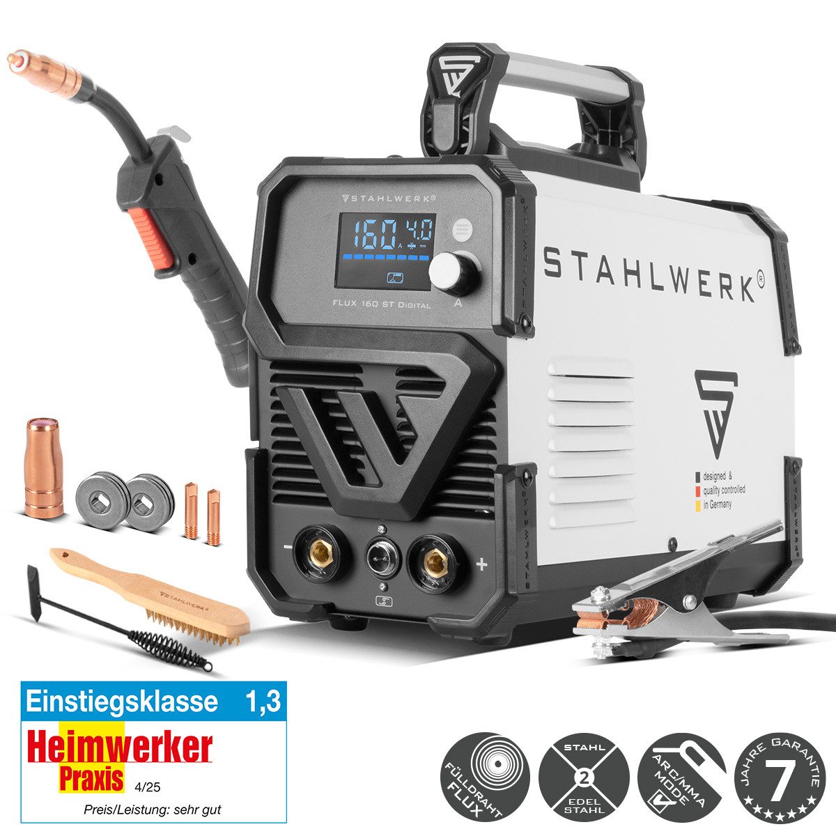 STAHLWERK Fülldrahtschweißgerät Schweißgerät FLUX 160 ST Digital mit 160 A, 40 - 160 A, Packung, 1-tlg., Einzelgerät, synergischem Drahtvorschub