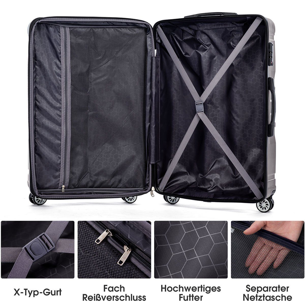 XDeer Kofferset cm Koffer XL-47x31x75 Grau und Seitengriff TSA-Schloss Universalrad, mit Erweiterbar Hartschalen-Handgepäck
