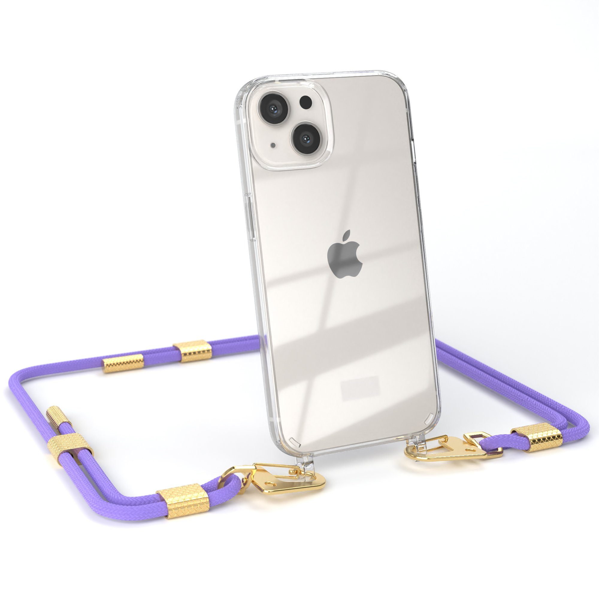 EAZY CASE Handykette Silikonhülle mit runder Kette für Apple iPhone 13 6,1 Zoll, Smartphonekette Cover Silikonhülle Umhängetasche Flieder Lila Gold