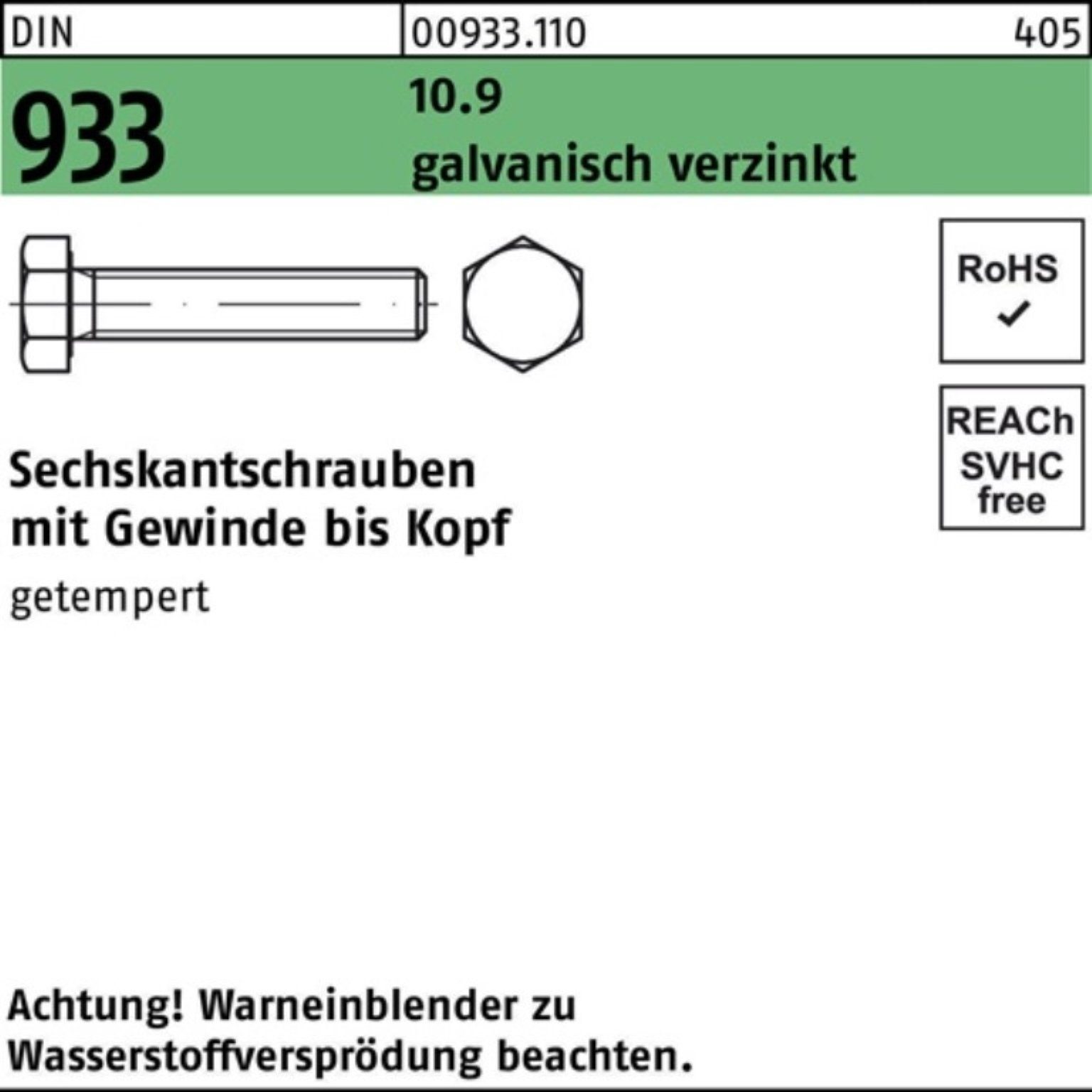 Reyher Sechskantschraube 100er Pack Sechskantschraube 50 1 galv.verz. 933 VG 10.9 Stü DIN M30x