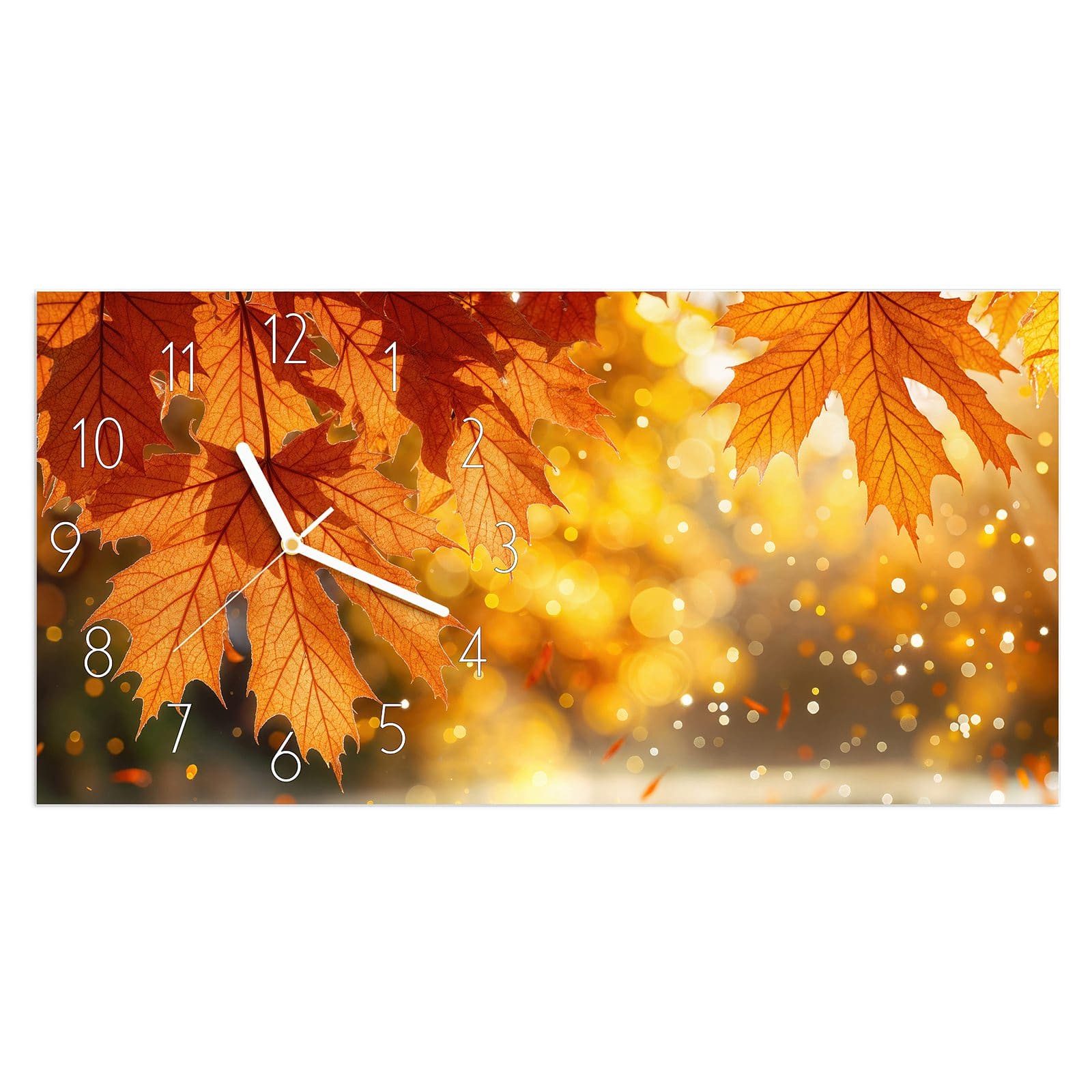 Wanduhr Glasuhr Wandkunst Größe 60 x 30 cm mit Motiv Herbstblätter