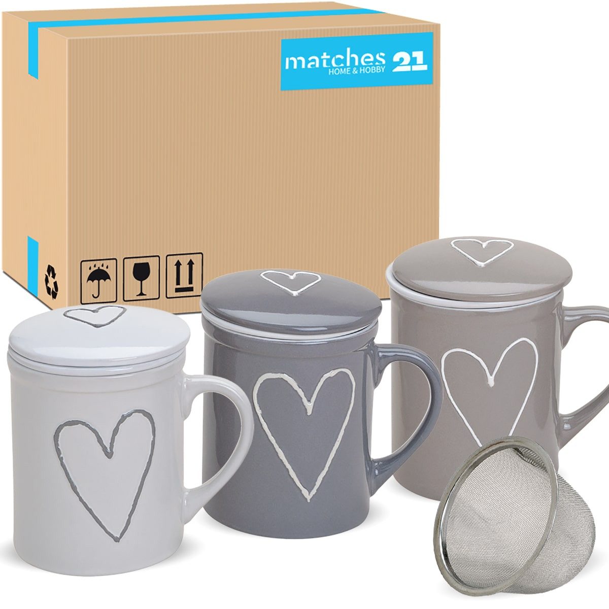 matches21 HOME & HOBBY Tasse Чашки 36er Set mit Deckel und Teesieb Landhaus-Stil Herzen, Porzellan, Tee Kaffee-Becher Кофейные чашки klassisch grau weiss 300 ml