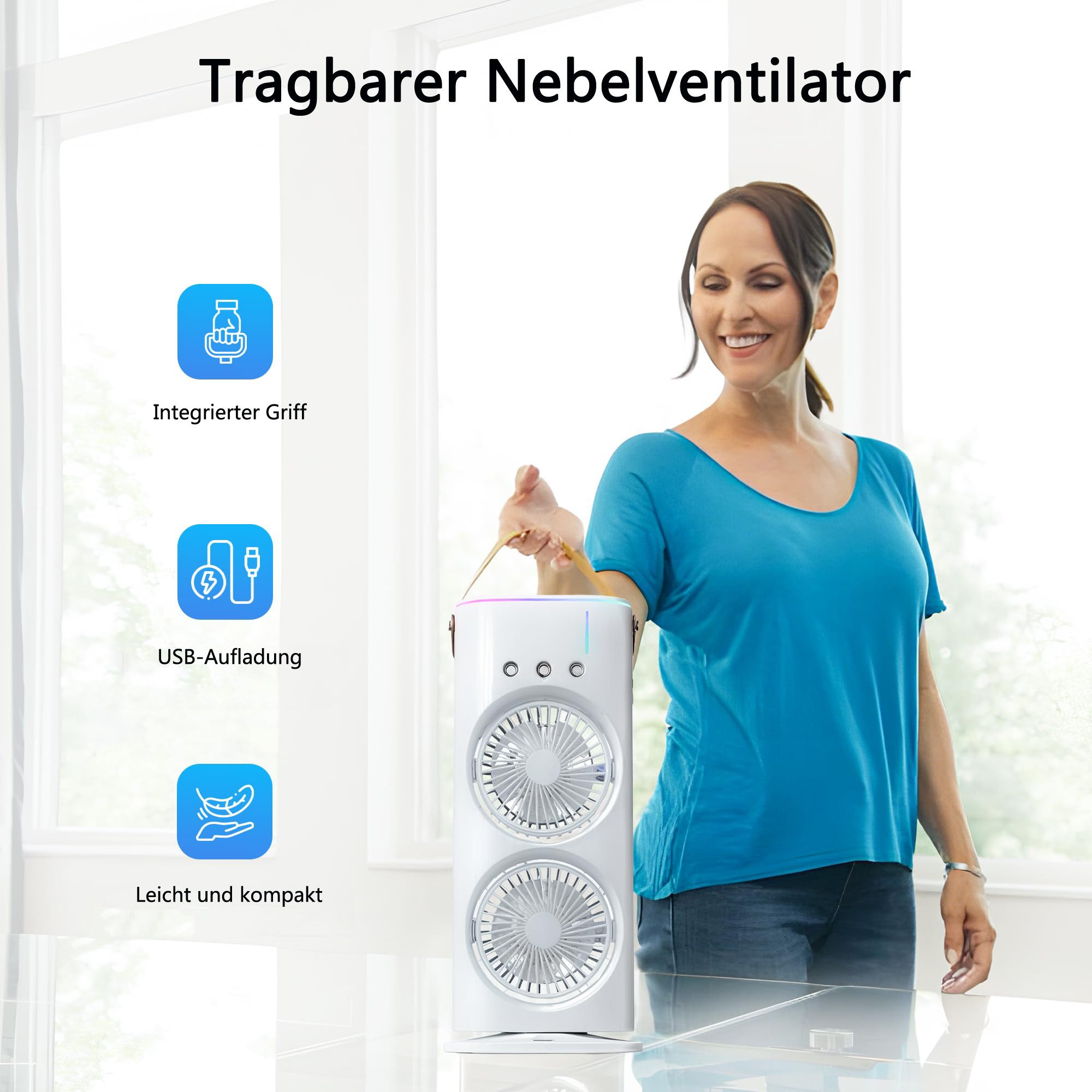 Coonoor Turmventilator Standventilator, USB-Ventilator wiederaufladbarer tragbarer Ventilator, 3 Geschwindigkeitsstufen, für Schlafzimmer bis draußen