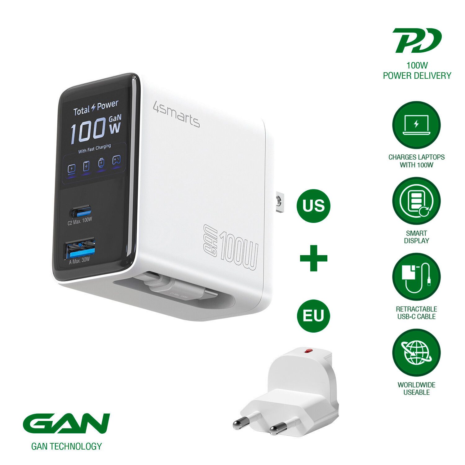 4smarts Ladegerät GaN Flex Screen AI 100 W Schnelllade-Gerät (GaN Technologie)