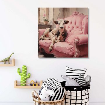 Posterlounge Holzbild Ryley Gray, Süße Kuh auf rosa Couch, Kinderzimmer Illustration