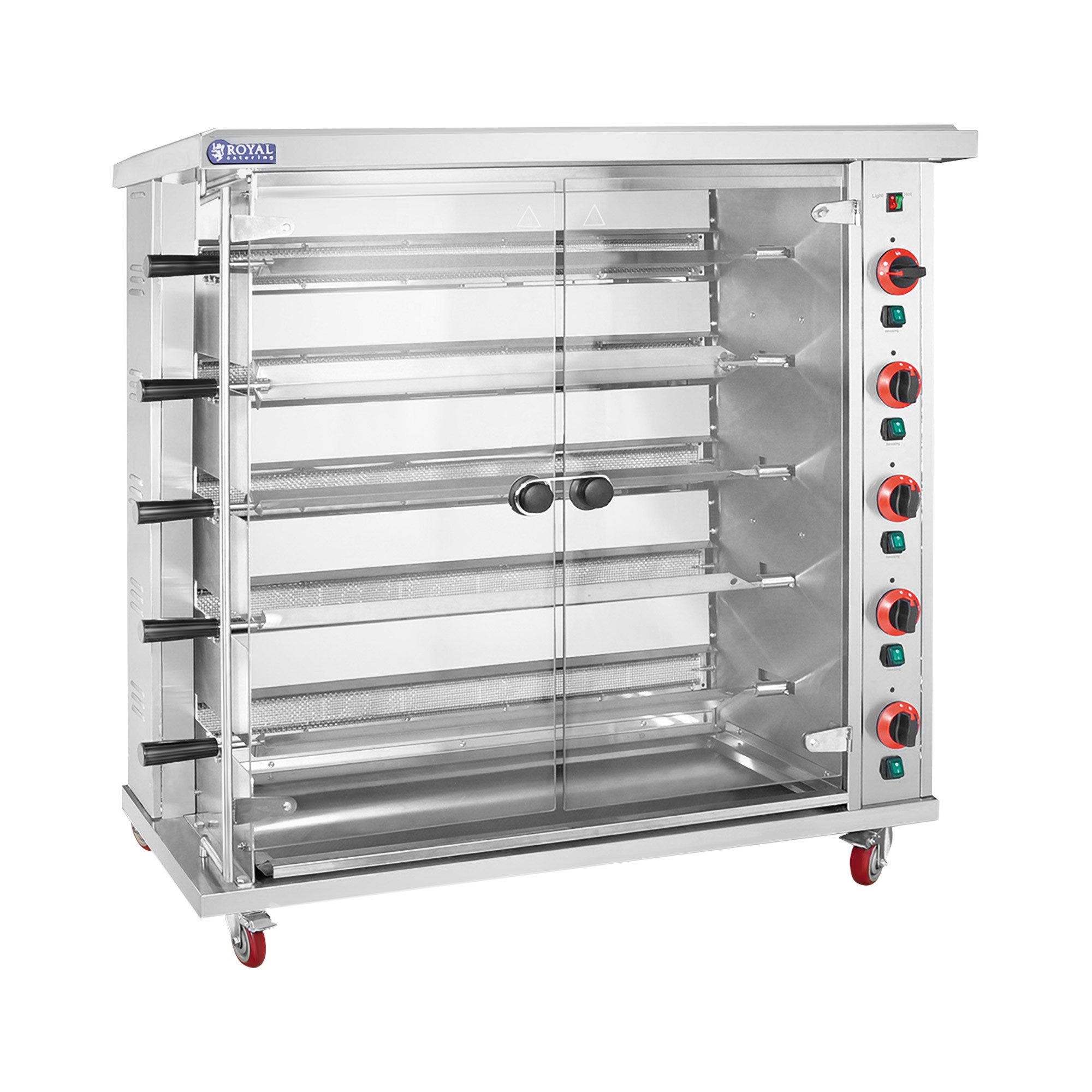 Royal Catering Gasgrill Gas-Hähnchengrill 5 Spieße mit Beleuchtung und Rädern 5 x 5 kW