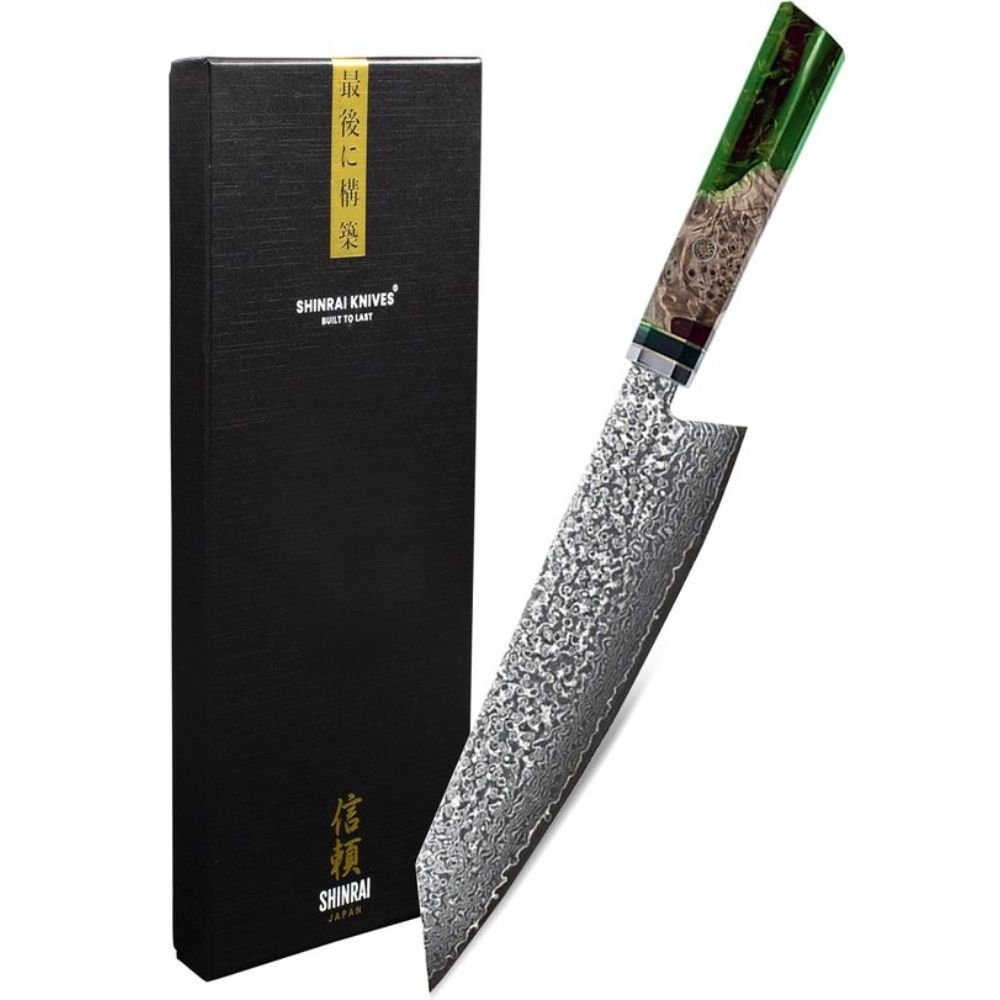 Shinrai Japan Damastmesser Kochmesser 23 cm - Damastmesser - Japanisches Messer Emerald, Handgefertigt bis ins Detail Grün | Damastmesser