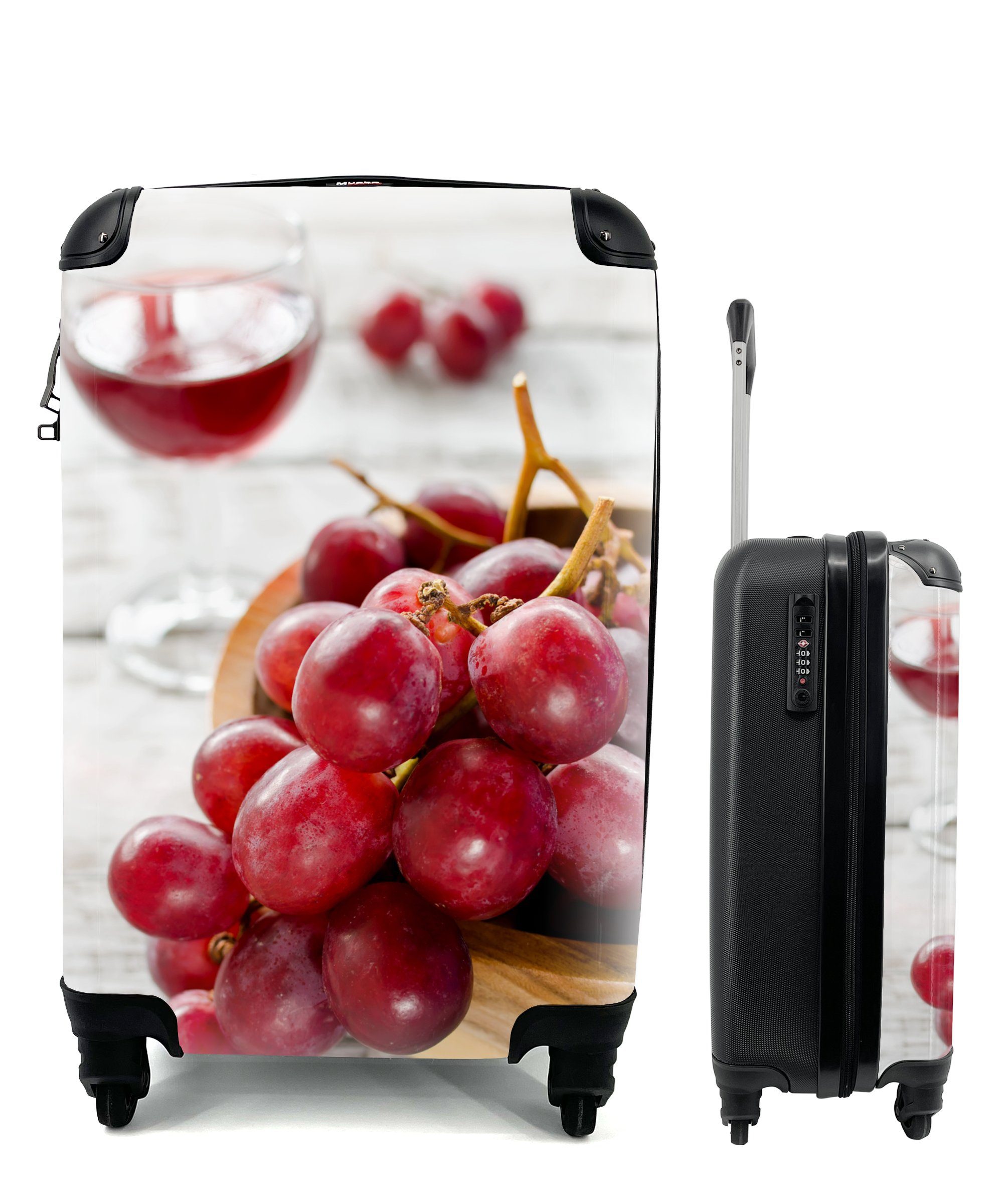 MuchoWow Handgepäckkoffer Rote Weintrauben in einer Schale neben einem Glas Rotwein, 4 Rollen, Reisetasche mit rollen, Handgepäck für Ferien, Trolley, Reisekoffer