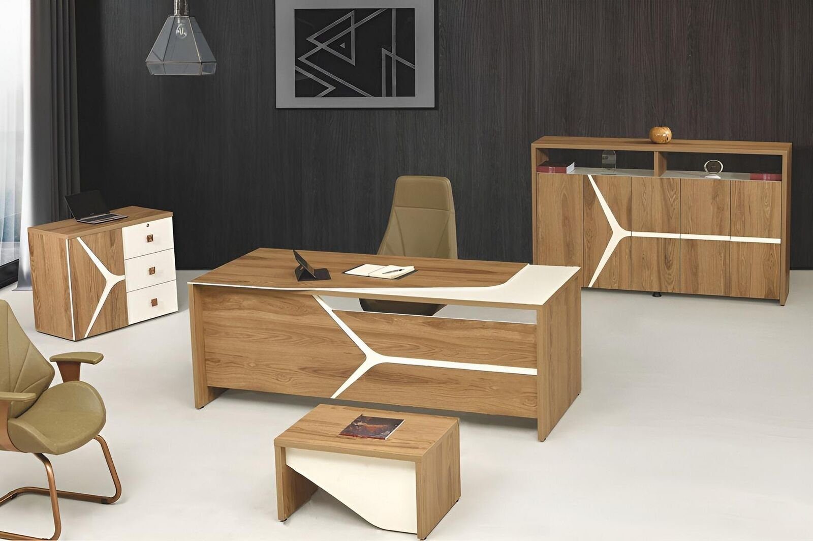 JVmoebel Arbeitstisch Modern Komplettbüro Schreibtisch Büro Bürotisch Set 4tlg Holz Braun (4-St., 1x Bürotisch + 1x Kommode + 1x Schrank + 1x Couchtisch ohne Sessel), Made in Europa