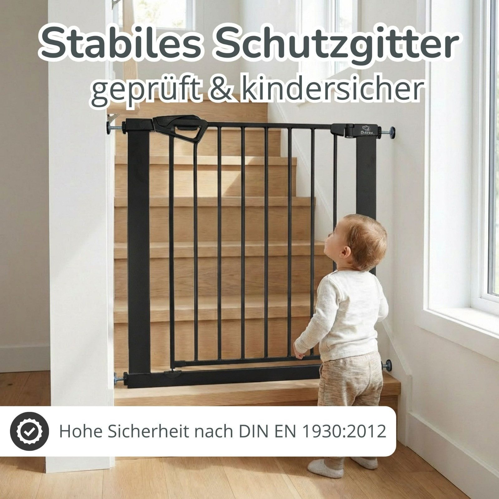 Bronea Treppenschutzgitter Babygitter Tür ohne bohren BALU Tür- & Treppenschutzgitter schwarz (75–82 cm verlängerbar bis 165 cm, SAFETY-LOCK Rot/Grün, ANTI-STOLPER-RAMPE, AUTO-CLOSE Türschutzgitter), Entwickelt, Geprüft & Zertifiziert in Deutschland EN1930:2012-02