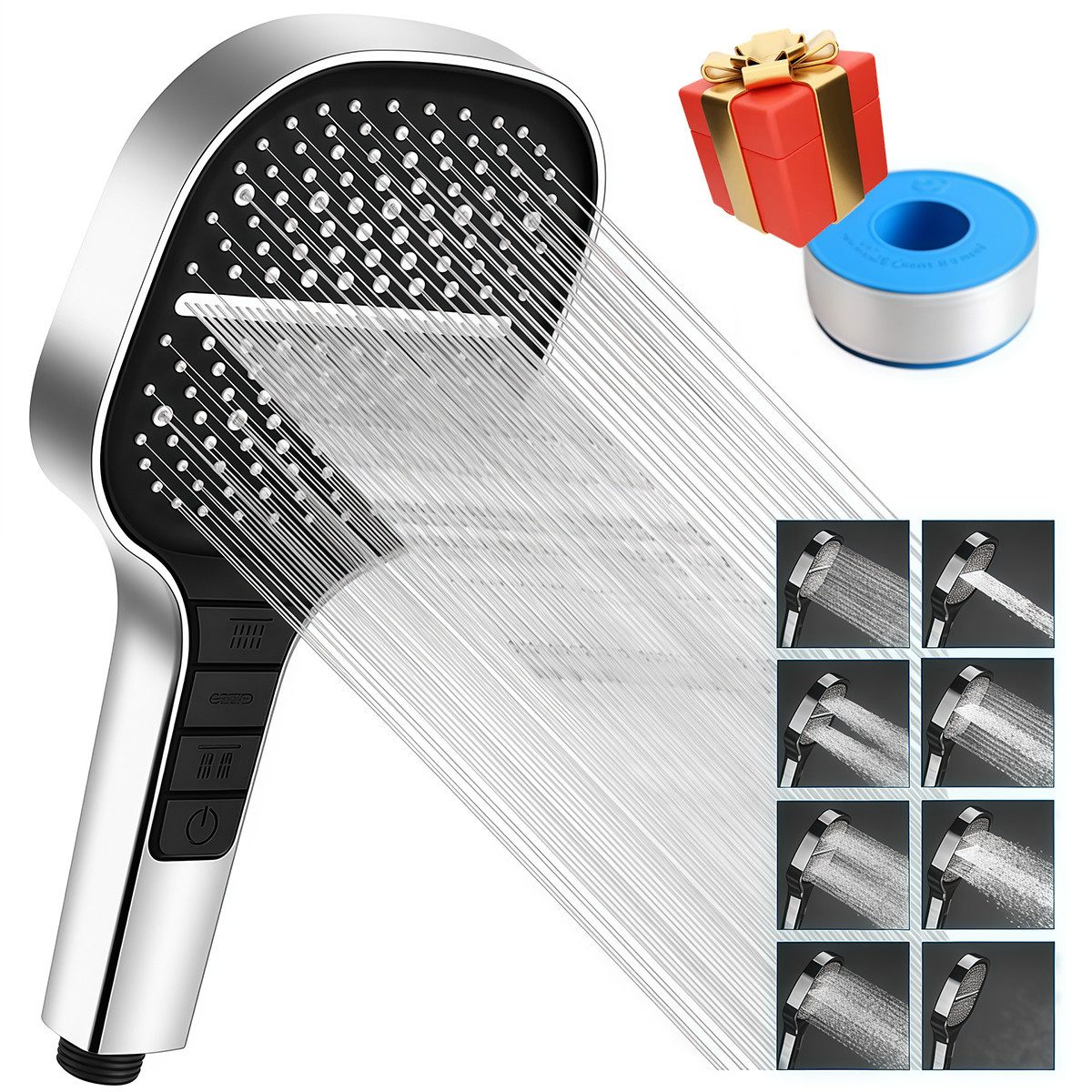 MOPUEA Handbrause Duschkopf Sparduschkopf Wassersparender Mit 8 Strahlarten Universal, (Handbrause mit innovativem 3+1-Tasten-Design und 8 Strahloptionen, Massage Dusche Wassersparend Hochdruck Druckerhöhende Duschbraus), 10 Nebeldüsen, 233 feine Düsen, Ein-Knopf-Wasserstopp