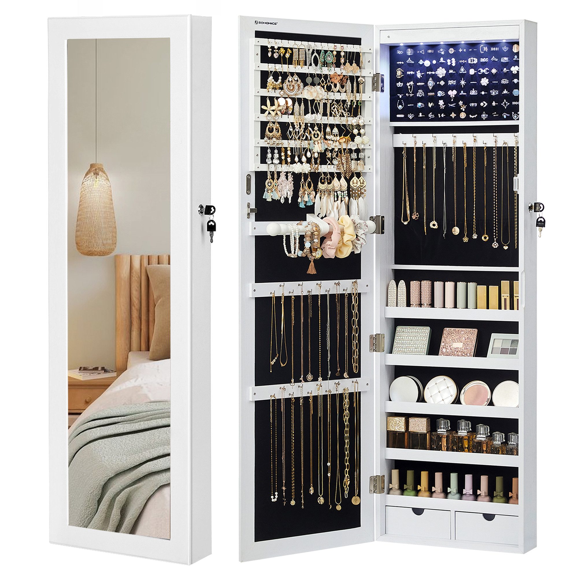 SONGMICS Schmuckschrank Spiegelschrank Wandspiegel Schmuck-Organizer mit LED Beleuchtung and Spiegel, abschließbarer