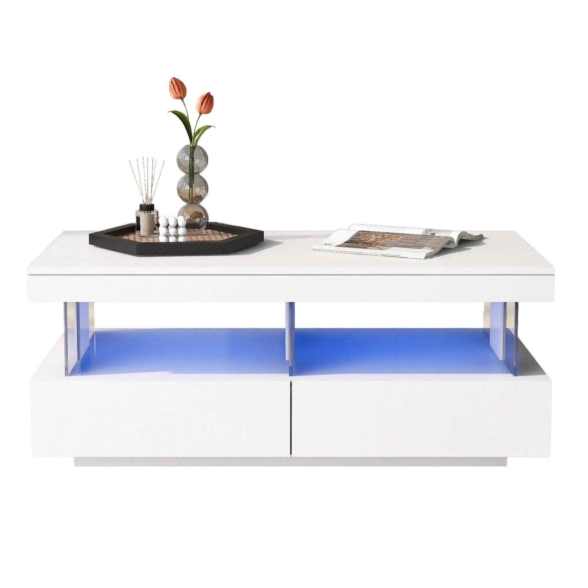 Merax Couchtisch mit LED-Beleuchtung und USB, Couchtisch mit 2 Schubladen,hochglänzender Tischplatte,Acyrltrennwände