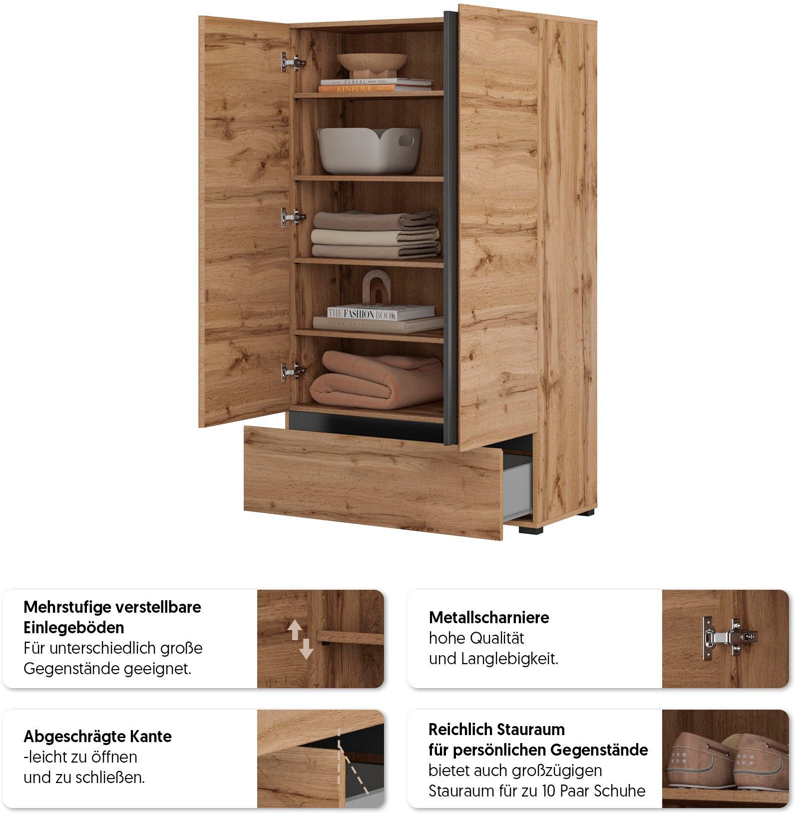 OTTO home Mehrzweckschrank Cross,Breite 89 cm, Highboard, Universalschrank, Garderobe Waescheschrank mit viel Stauraum, Einlegeböden verstellbar