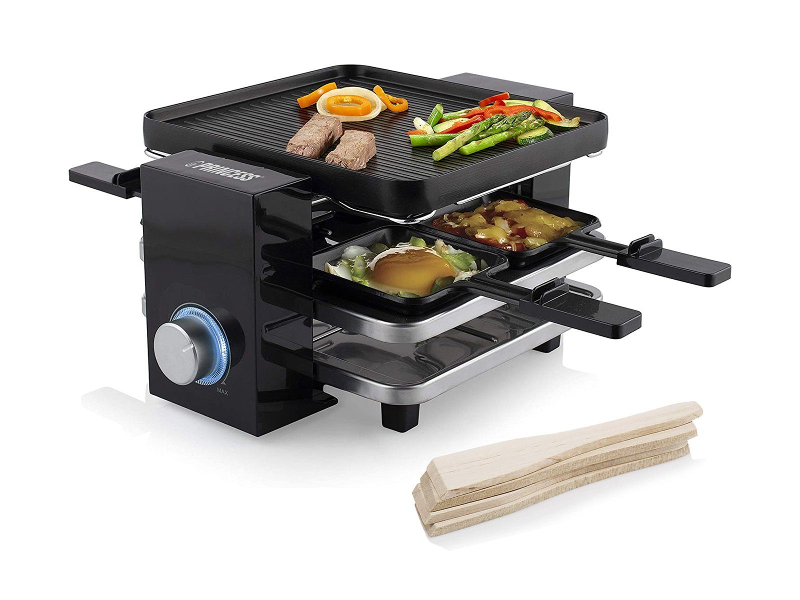 PRINCESS Раклетници, 4 Раклетнициpfännchen, 700 W, Kleiner Design Tischgrill für 2-4 Personen, Parkdeck für Pfännchen