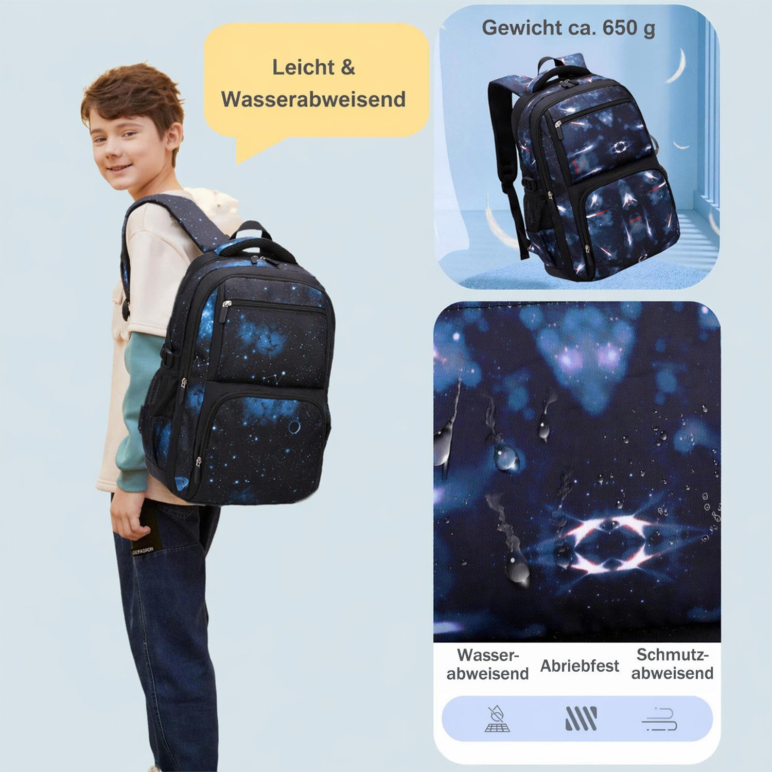 MOPUEA Schulrucksack Schulrucksack-Set 3 Stk. Schultasche Teenager Turnbeutel Rucksack (Set, 1-tlg., Atmungsaktivität & Rückenschutz für gesundes Tragen), Prakt – Bild 4 von 5
