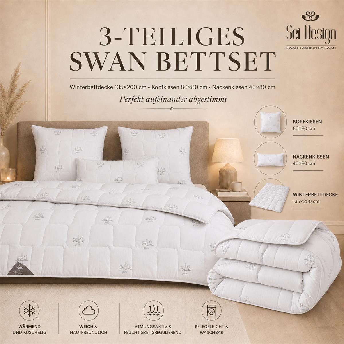 SEI Design Microfaserbettdecke Bettset SWAN winter 135x200 Kissen 80x80 40x80 Mikrofaser vegan, Füllung: daunenähnliches Gefühl, Bett-Set 3-Tlg.: Bettdecke 135x200 + Kopfkissen 40x80 + Kissen 80x80