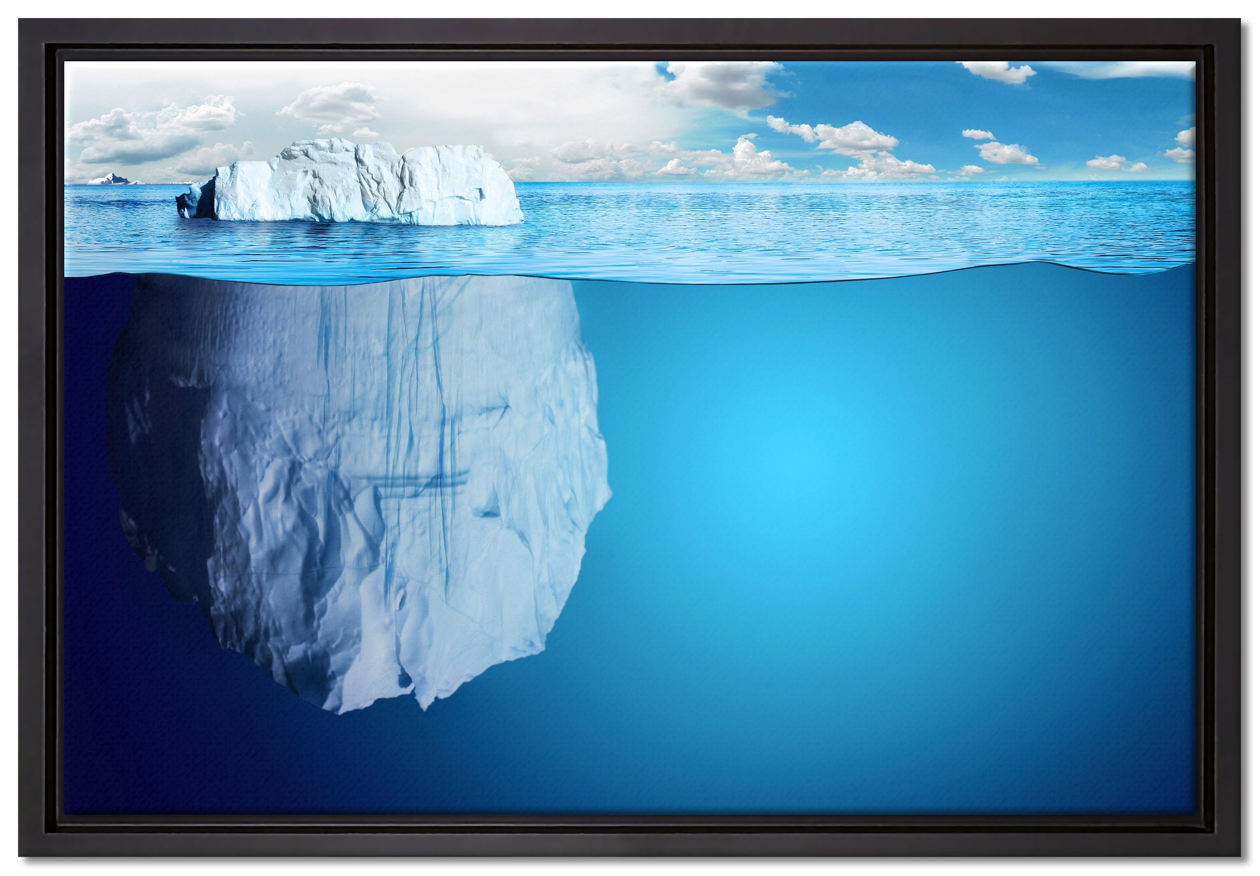 Pixxprint Leinwandbild Riesiger Eisberg unter Wasser, Wanddekoration (1 St), Leinwandbild fertig bespannt, in einem Schattenfugen-Bilderrahmen gefasst, inkl. Zackenaufhänger