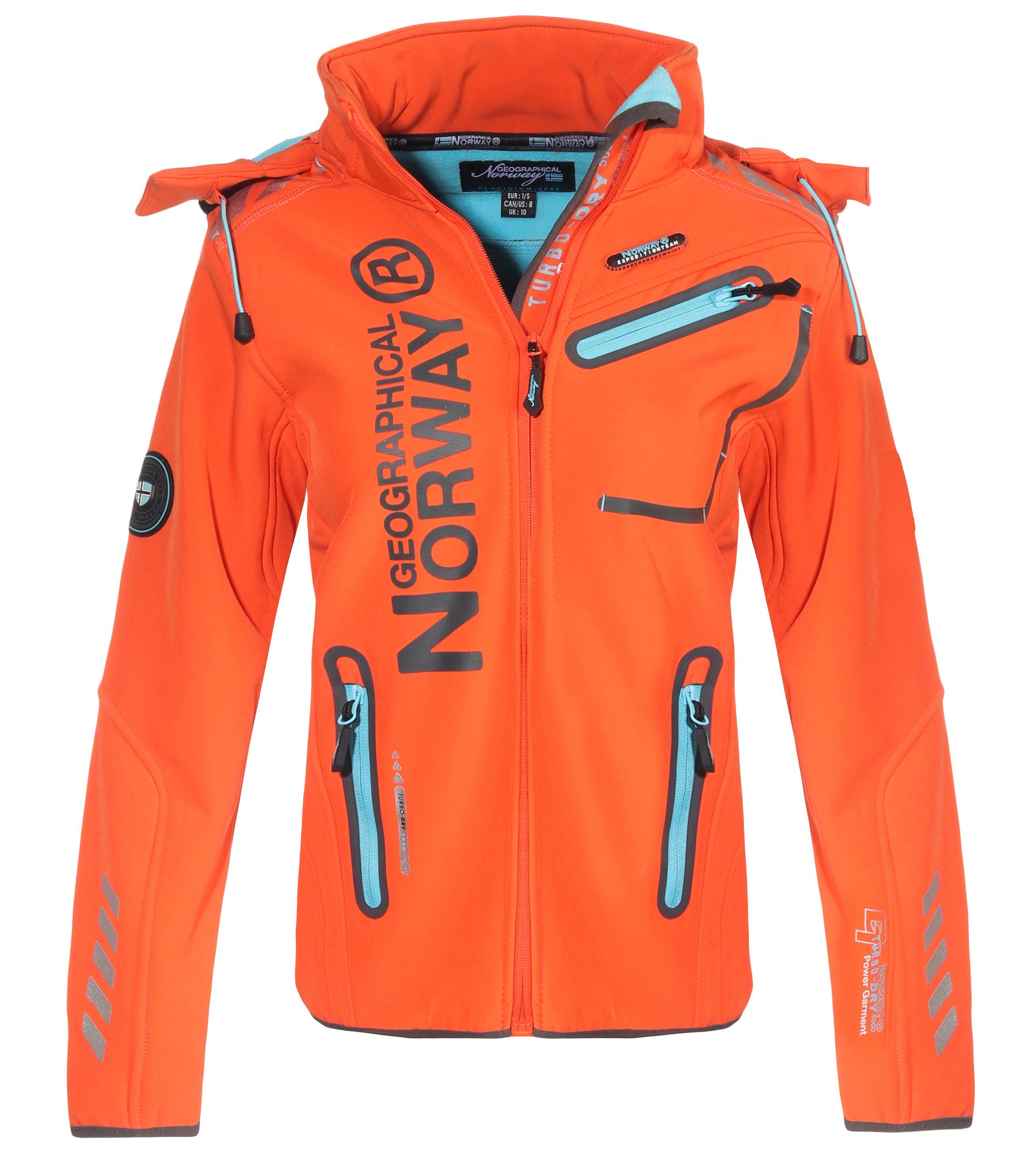 Geographical Norway Softshelljacke Damen Softshell Windbreaker Regen Outdoor Jacke in Unifarbe, mit abnehmbarer Kapuze, mit Stehkragen