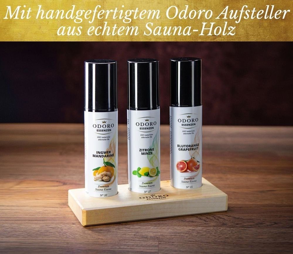 Odoro Essenzen Sauna-Aufgussset Geschenkset inkl. Holzständer & 3 Saunadüfte (3-tlg., 3x 100ml Sauna Aufgussmittel) Sauna Set für langes und intensives Dufterlebnis