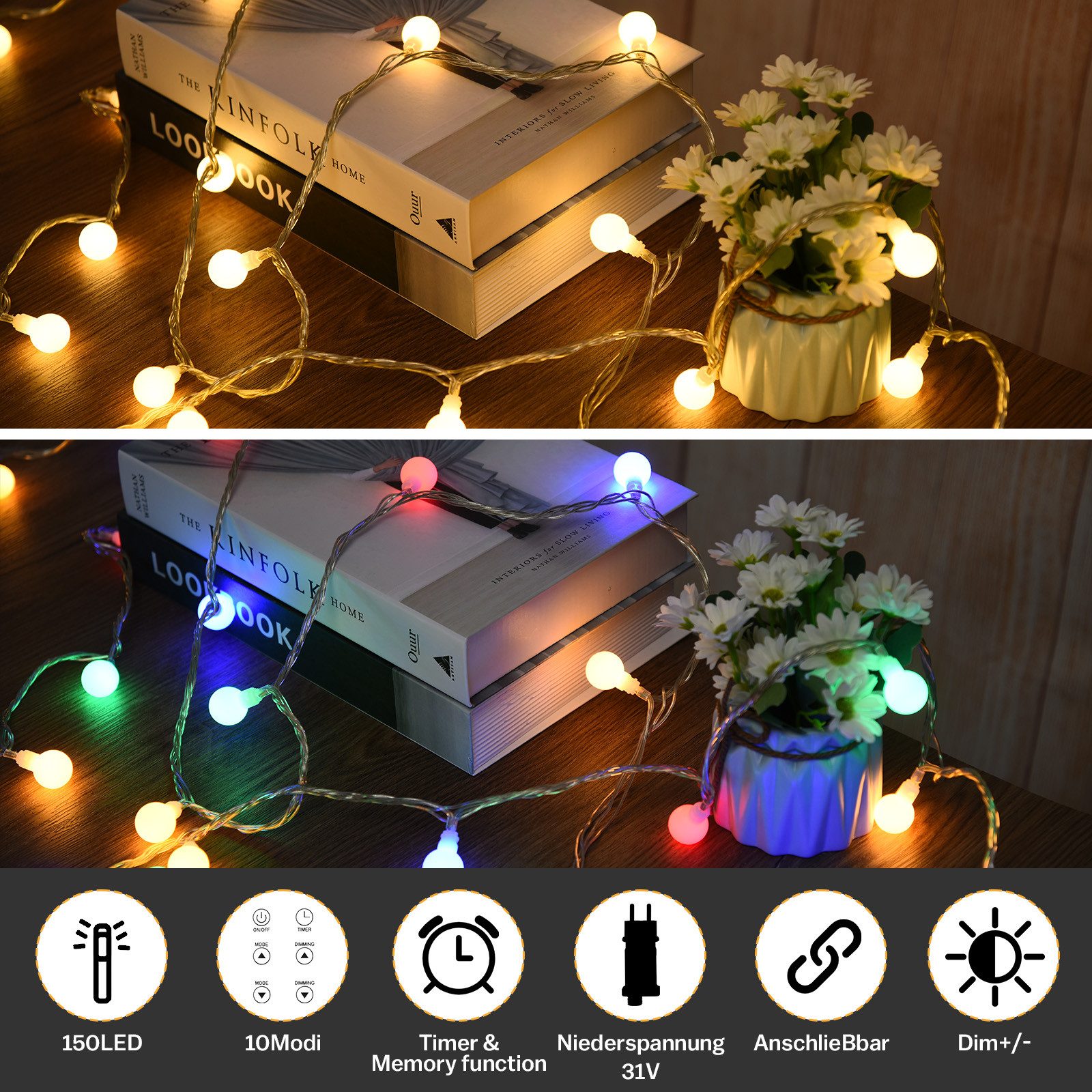 XERSEK LED Nachtlicht Kugeln Lichterkette 20M 10 Modi mit Fernbedienung Lic günstig online kaufen