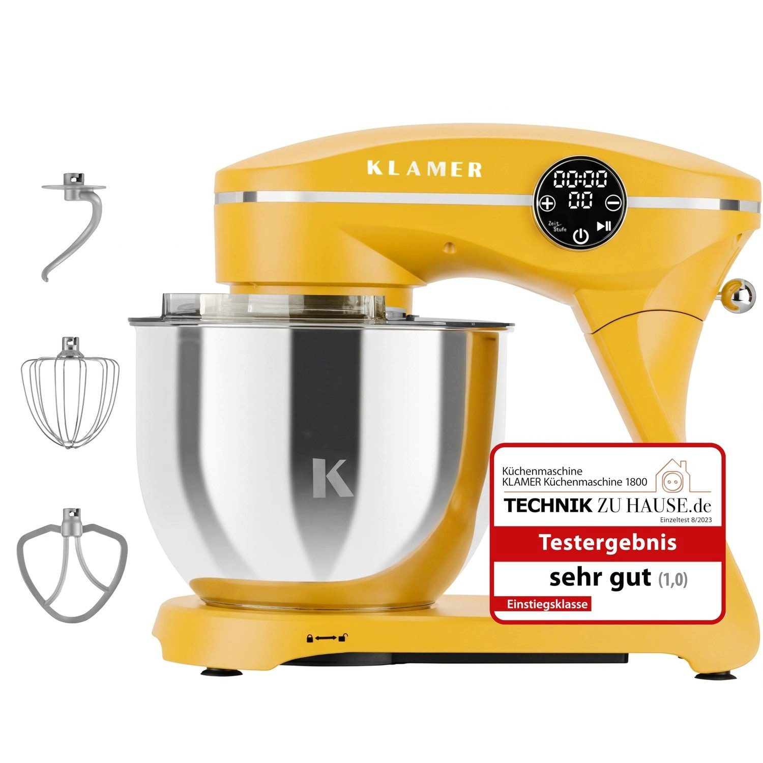 KLAMER Küchenmaschine 1800W, Knetmaschine mit 6 Liter Edelstahl Schüssel, 10 Geschwindigkeitsstufen mit Timer, Rührbesen, Knethaken, Schneebesen und Spritzschutz, weiss, 1800 W, 6 l Schüssel, Spritzschutz, 3 Werkzeuge, Saugfüße, digitales Display, Timer