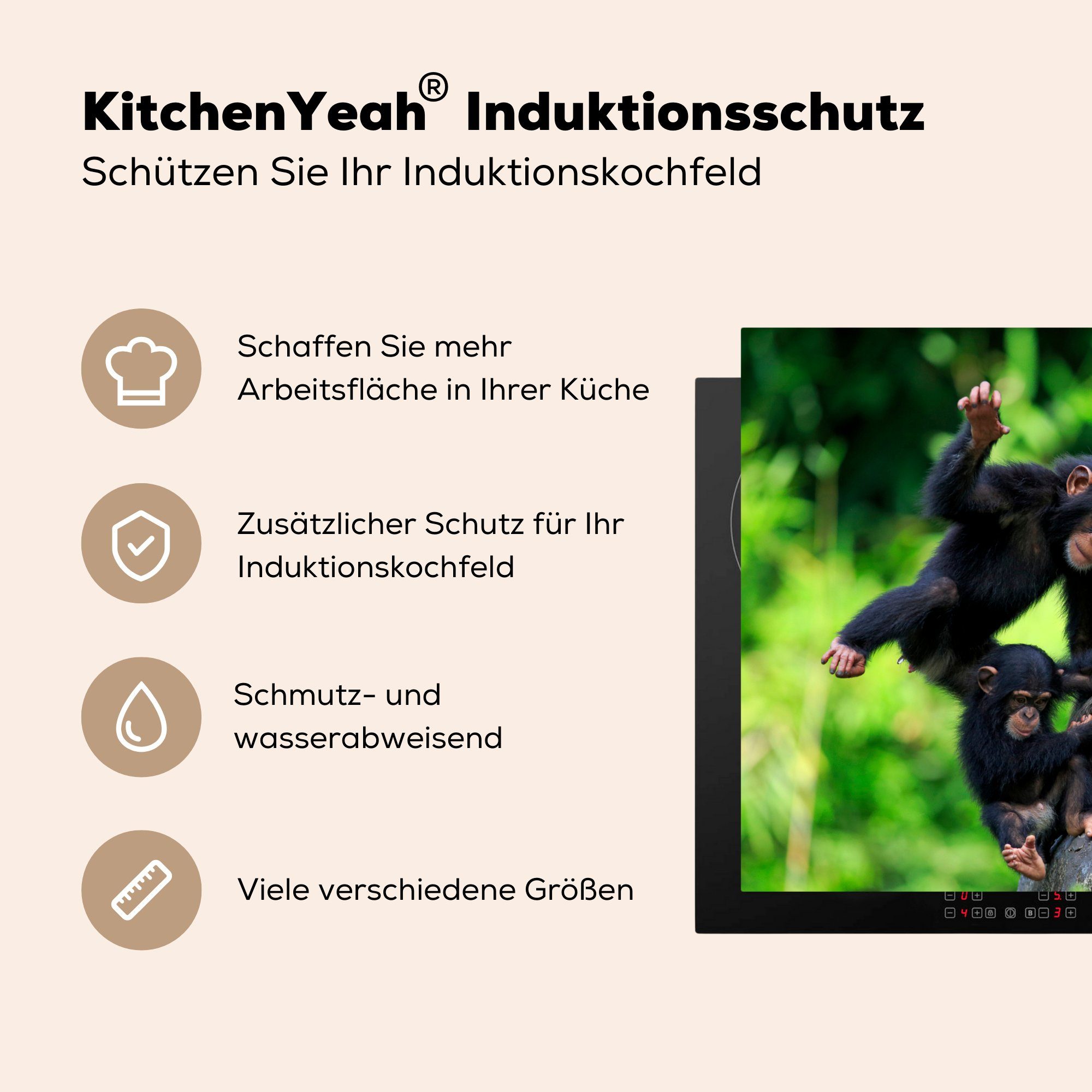 MuchoWow Herdblende-/Abdeckplatte cm, (1 - - Schimpanse 78x78 Ceranfeldabdeckung, für Stein Jung, Vinyl, tlg), Arbeitsplatte küche