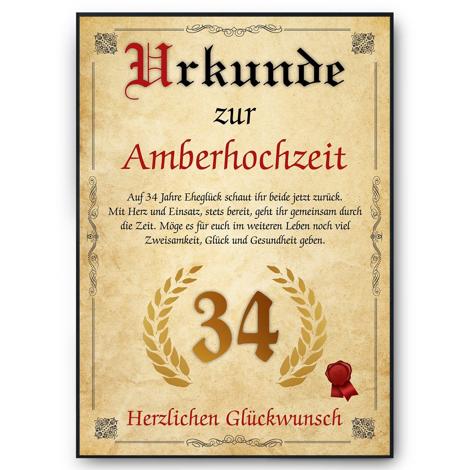 Tigerlino Poster Urkunde zum 34. Hochzeitstag Geschenk 34. Jahrestag