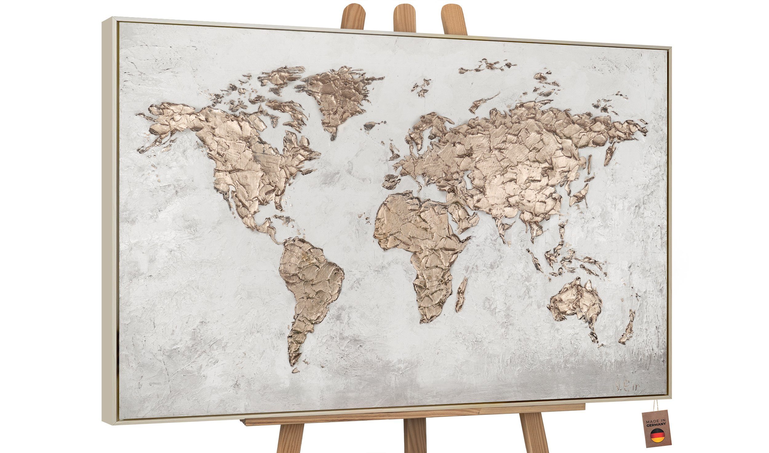 YS-Art Gemälde Weltkarte, Weltkarte, Weltkarte auf Leinwand Bild Handgemalt in Gold Mit Rahmen in Beige