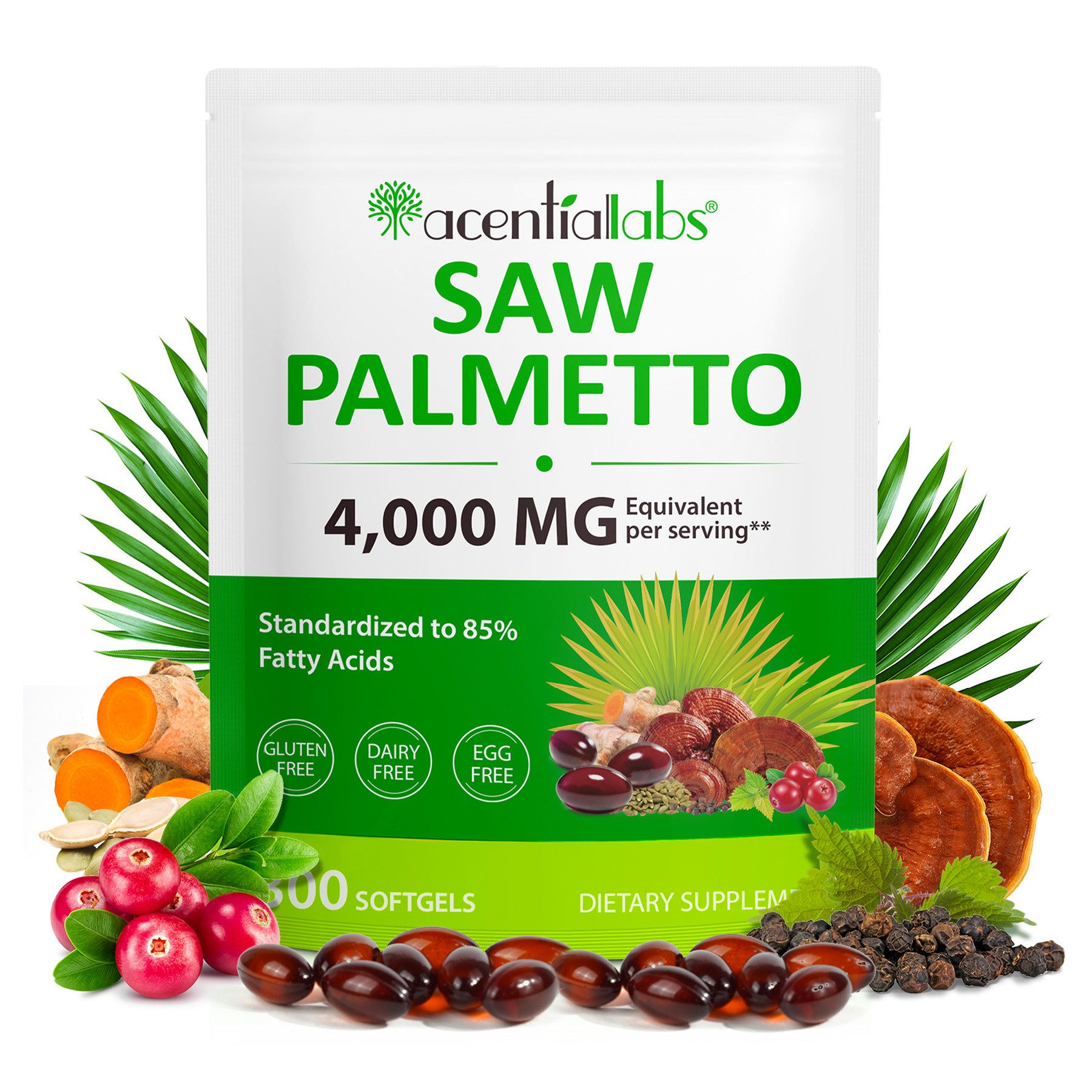 Acentiallabs Saw Palmetto Extrakt Sägepalmenextrakt Kürbiskernöl Hochdosiert Softgels, Gesundheit der Harnwege, Gesundheit der Prostata, Männer Gesundheit